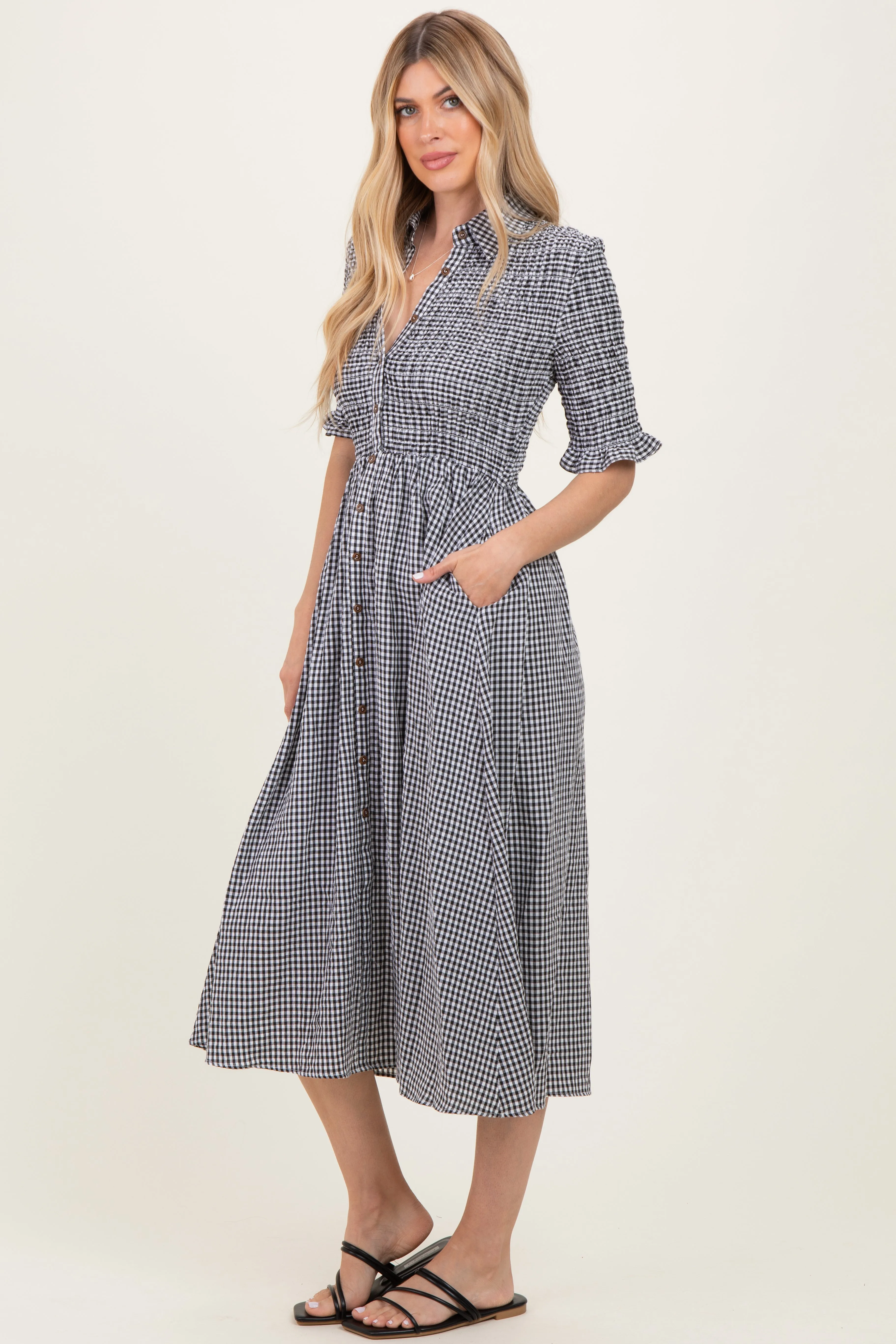 Black Gingham Smocked Button Down Midi Dress sold by Pinkblush product image thumbnail 2