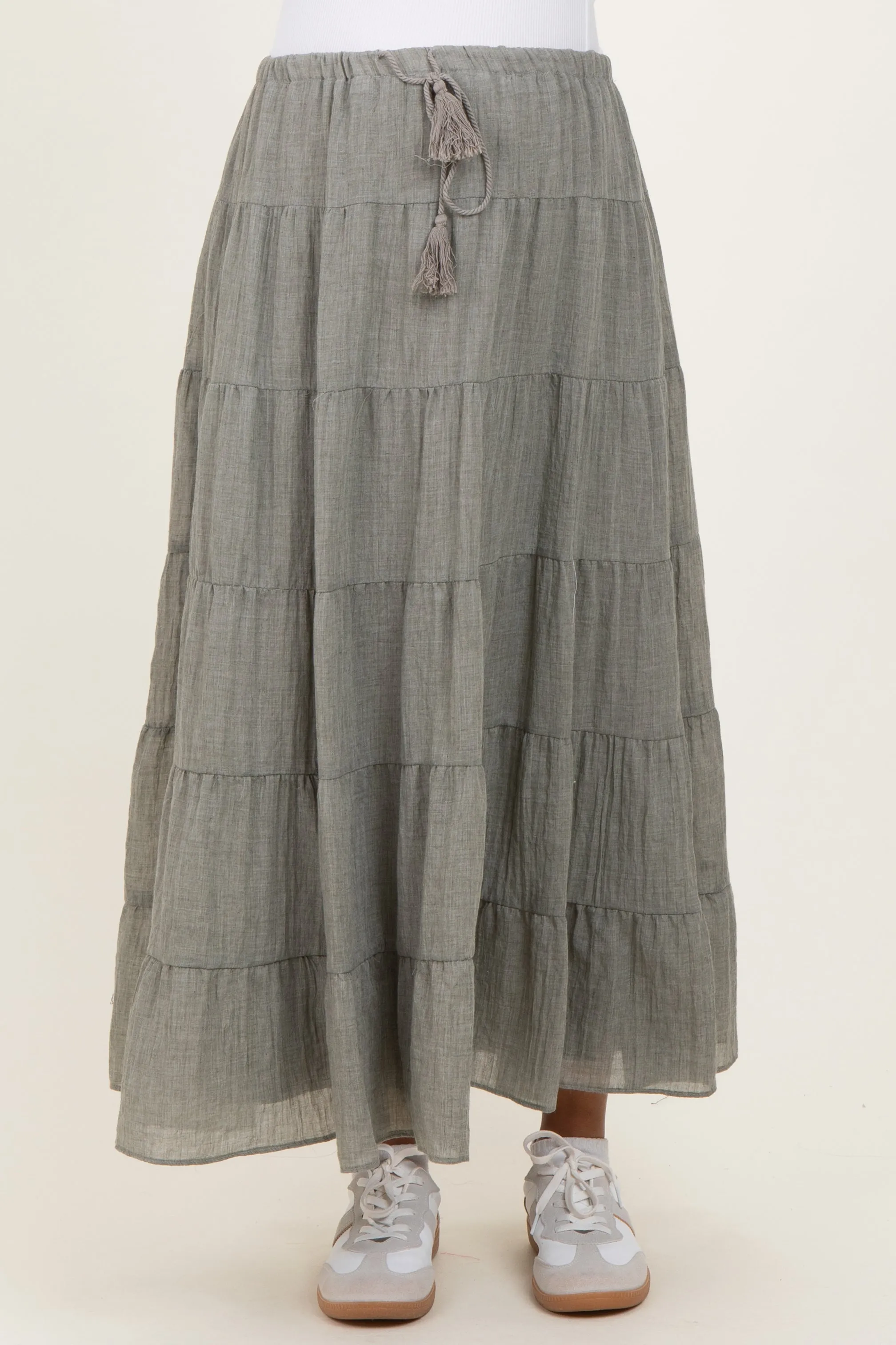 Light Olive Tiered Drawstring Maternity Maxi Skirt sold by Pinkblush product image thumbnail 3