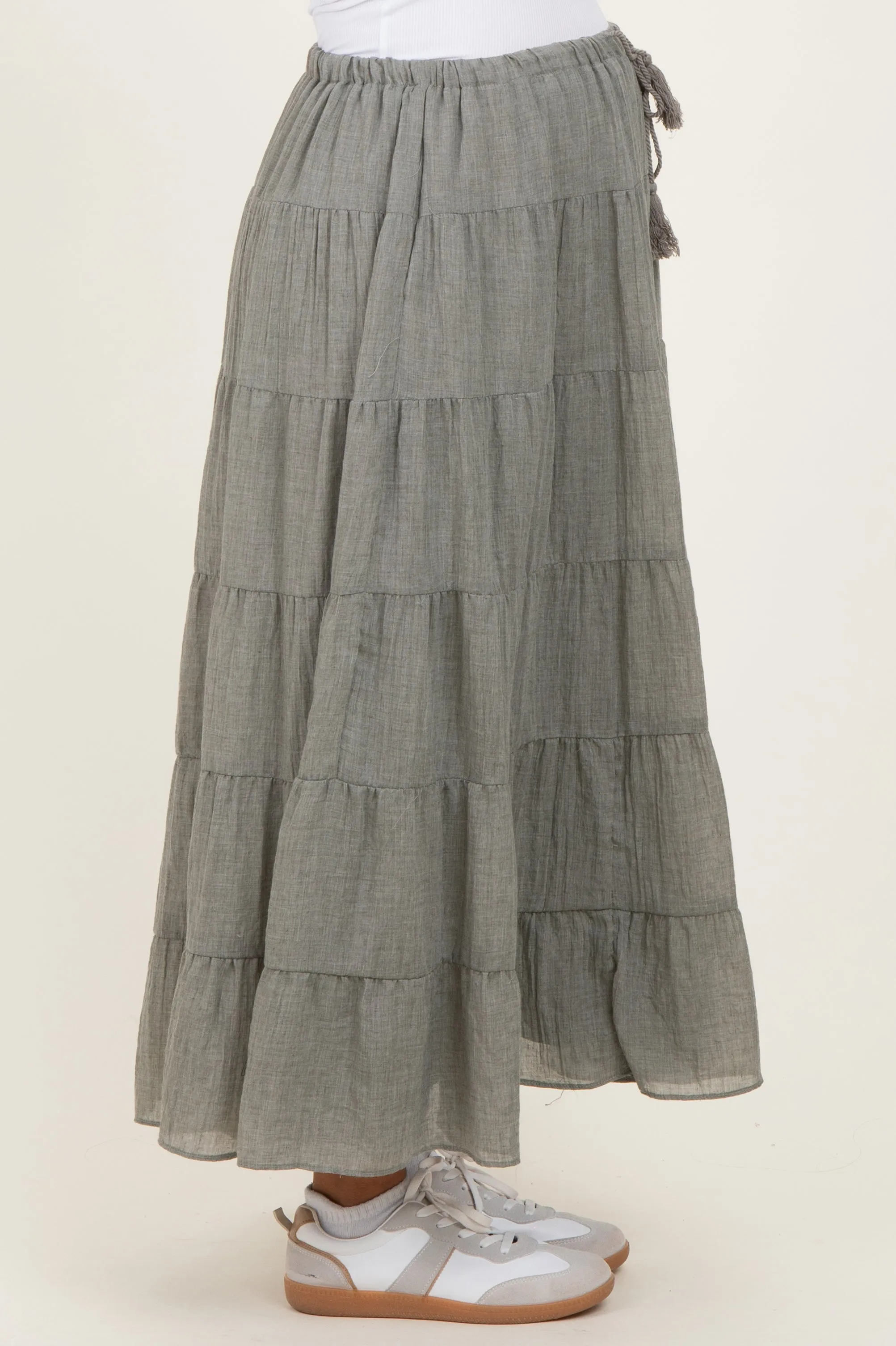 Light Olive Tiered Drawstring Maternity Maxi Skirt sold by Pinkblush product image thumbnail 4