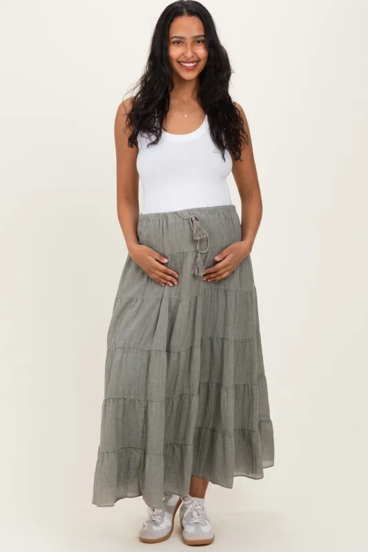 Light Olive Tiered Drawstring Maternity Maxi Skirt sold by Pinkblush