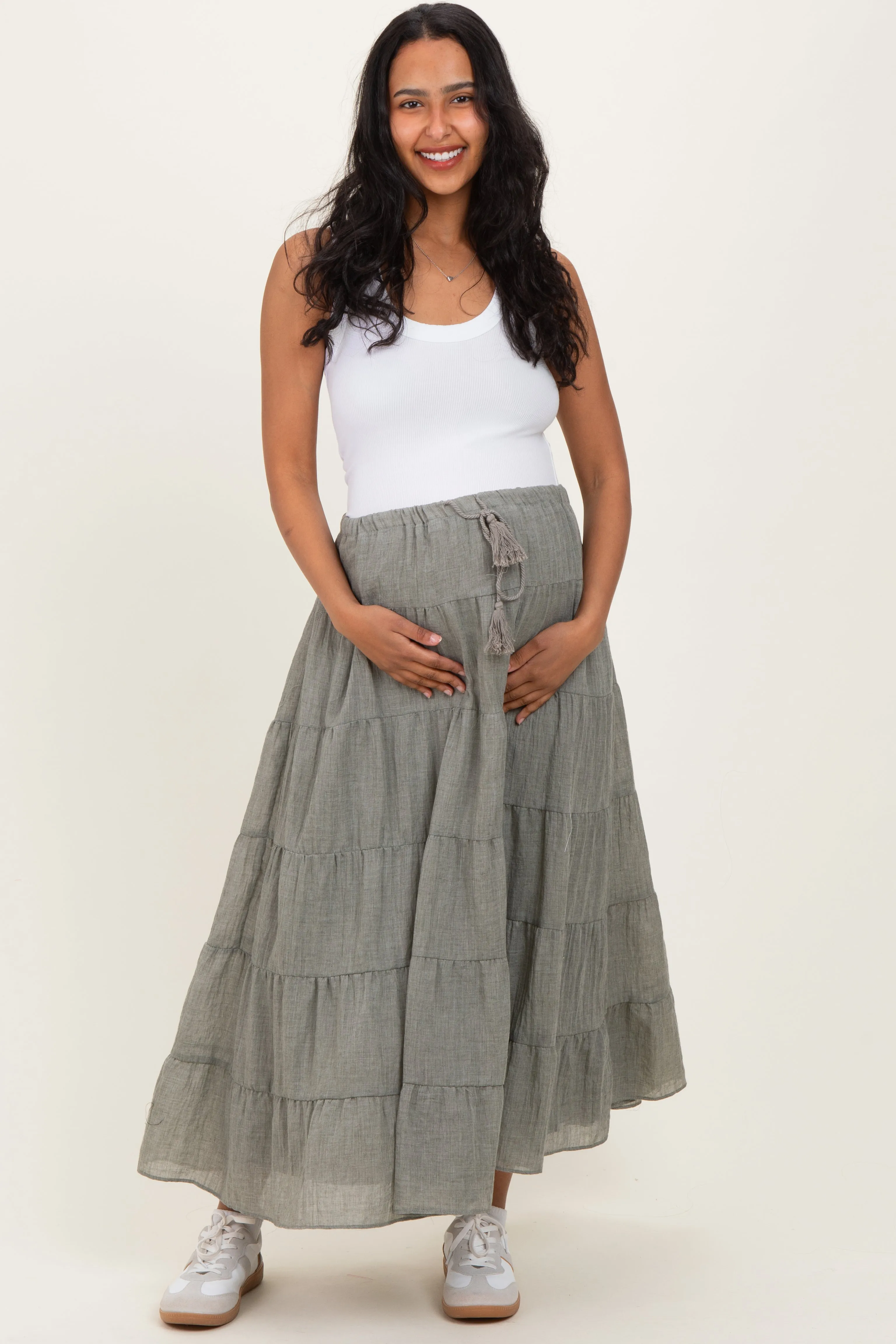 Light Olive Tiered Drawstring Maternity Maxi Skirt sold by Pinkblush product image thumbnail 2