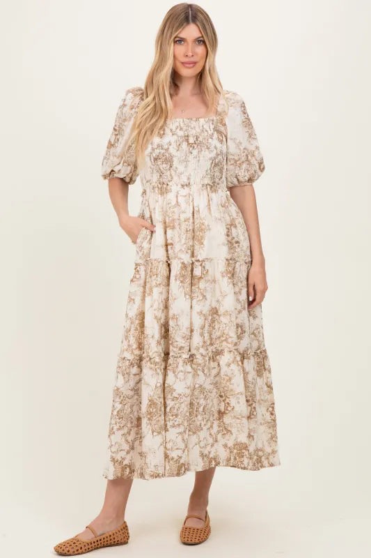 Taupe Vintage Floral Puff Sleeve Tiered Maxi Dress sold by Pinkblush
