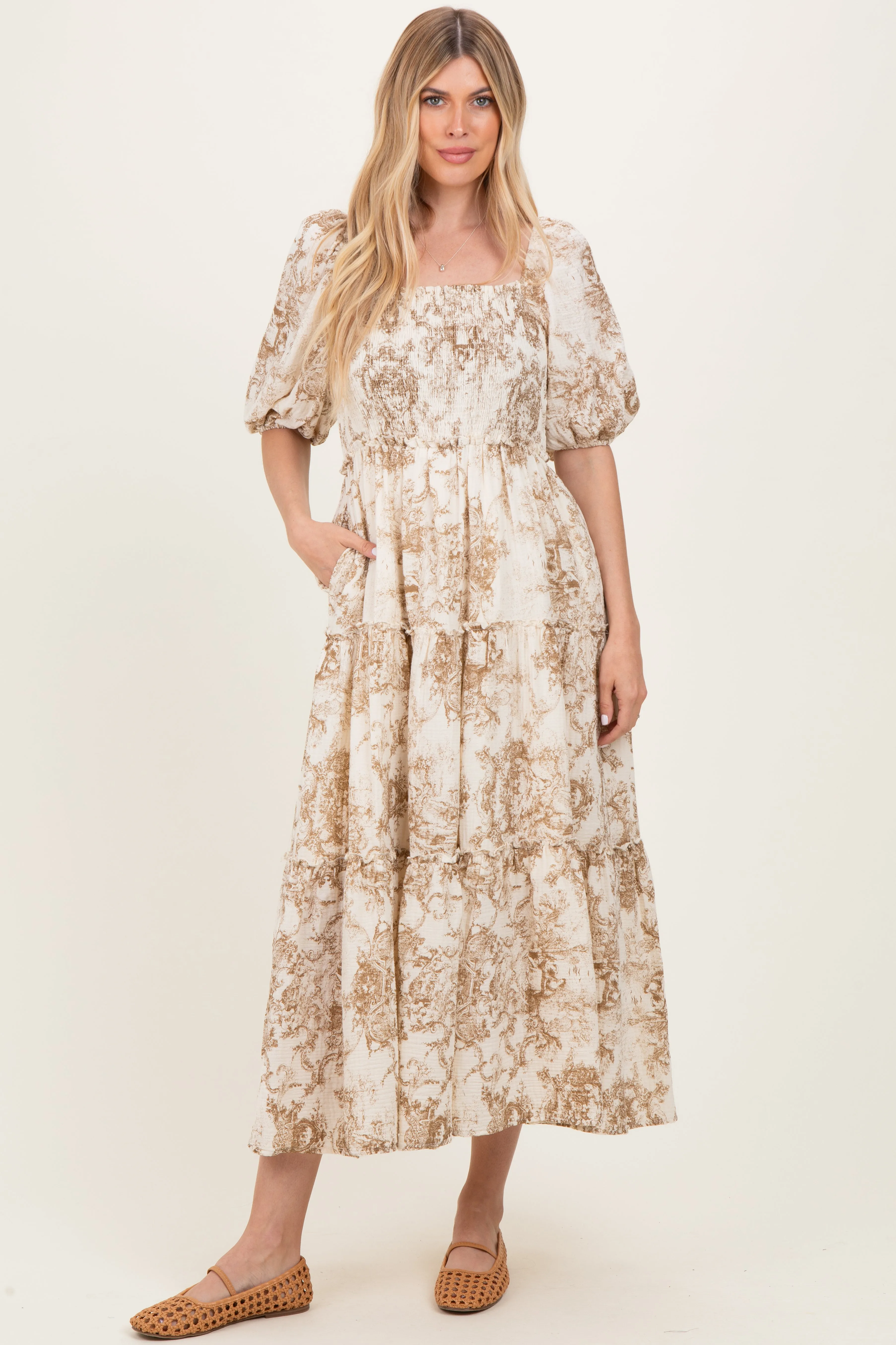 Taupe Vintage Floral Puff Sleeve Tiered Maxi Dress sold by Pinkblush
