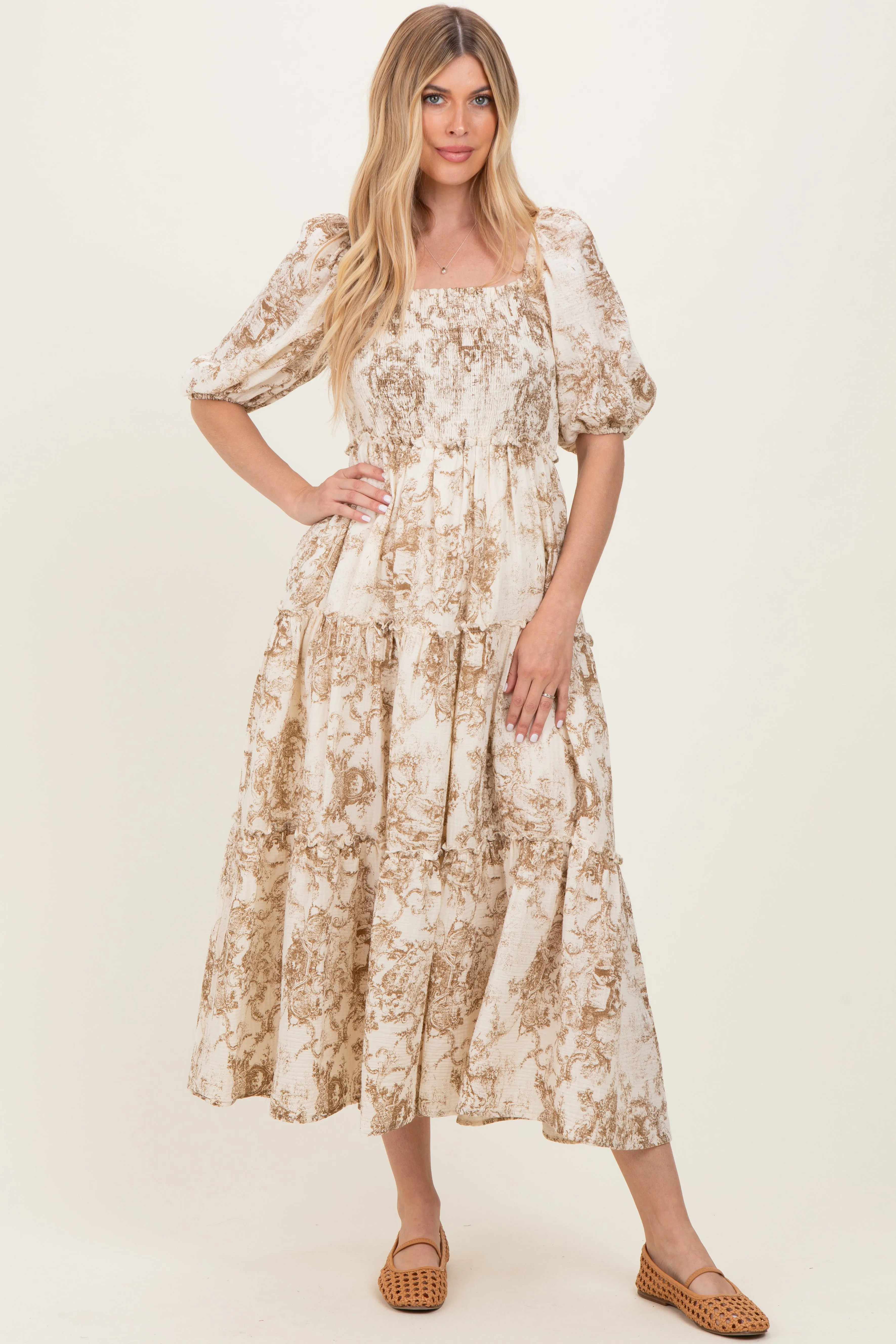 Taupe Vintage Floral Puff Sleeve Tiered Maxi Dress sold by Pinkblush product image thumbnail 2