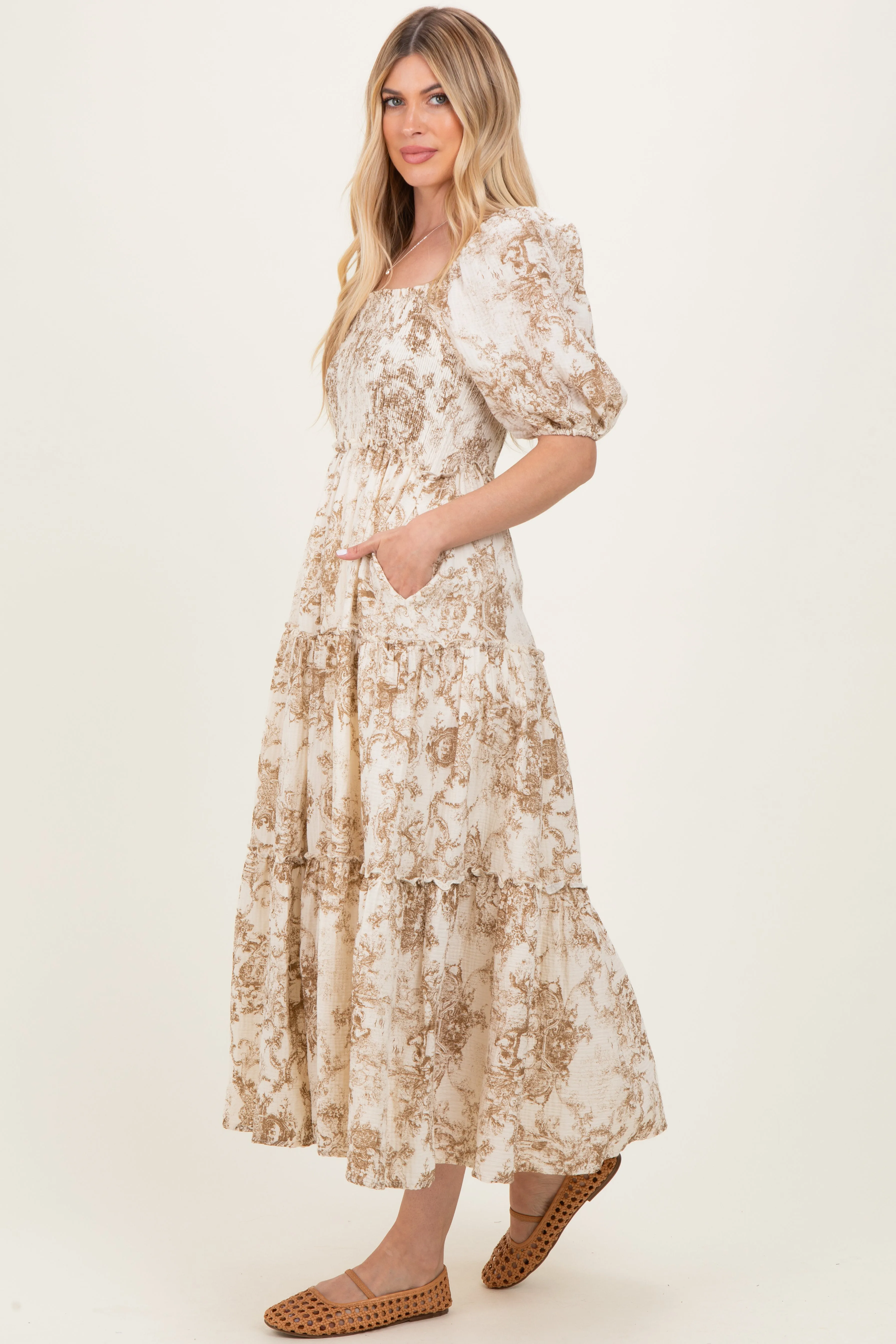 Taupe Vintage Floral Puff Sleeve Tiered Maxi Dress sold by Pinkblush product image thumbnail 3