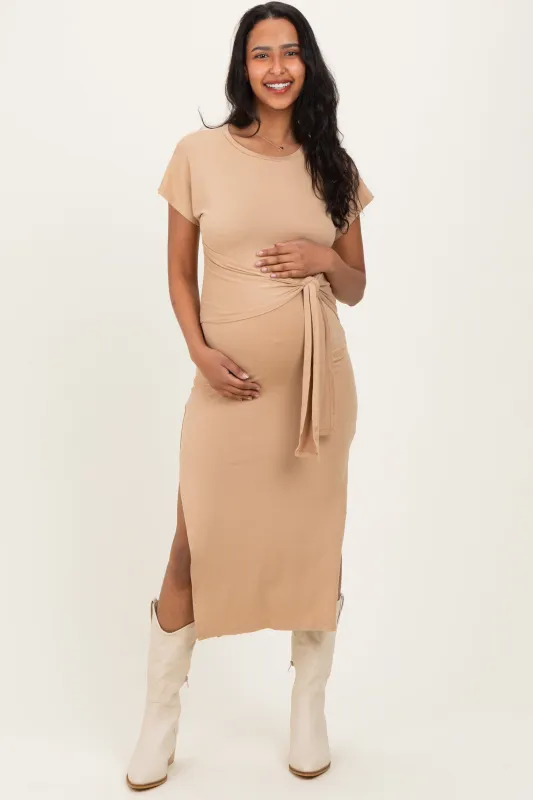 Camel Waist Tie Short Sleeve Side Slit Maternity Dress made by Pinkblush