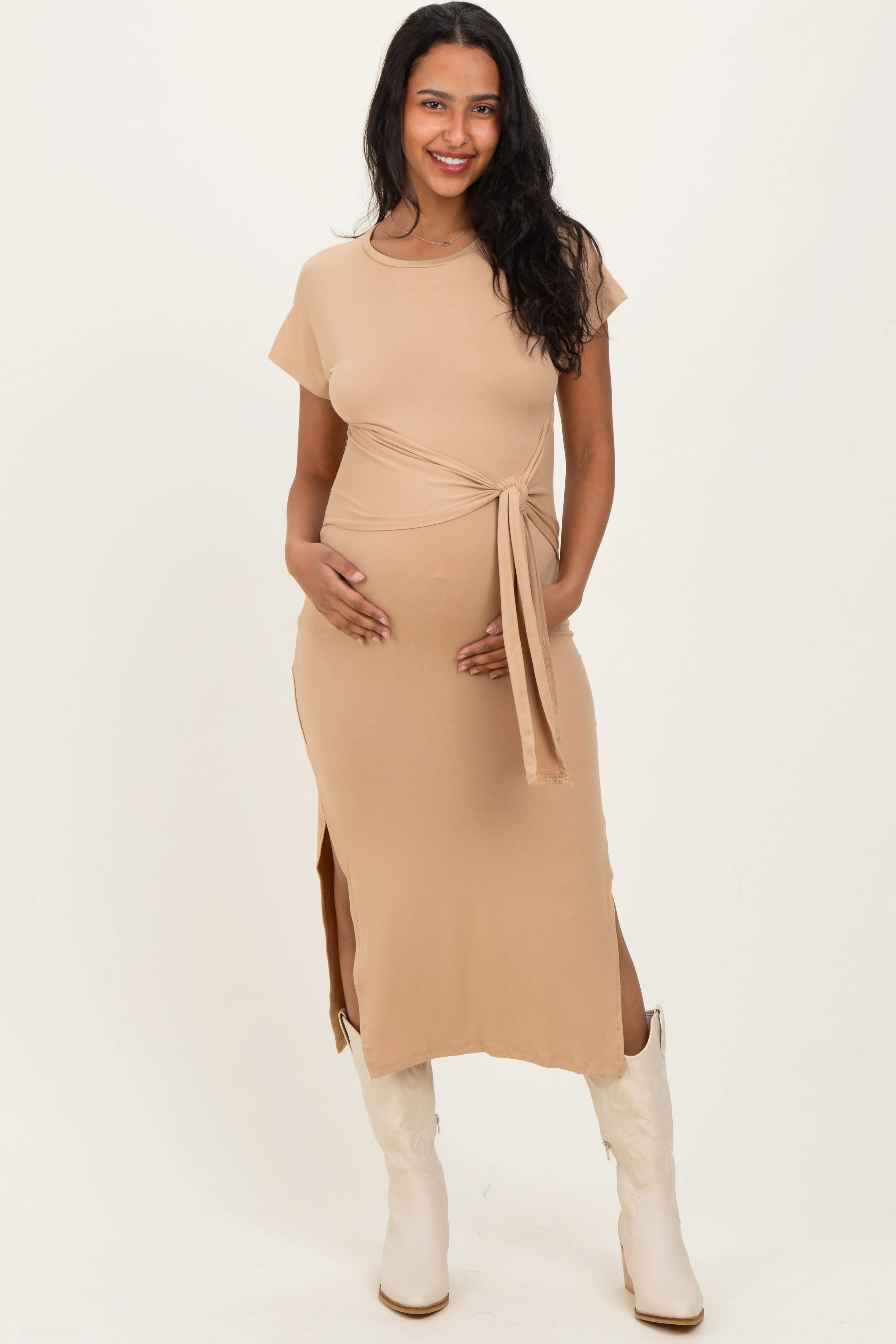 Camel Waist Tie Short Sleeve Side Slit Maternity Dress sold by Pinkblush product image thumbnail 2