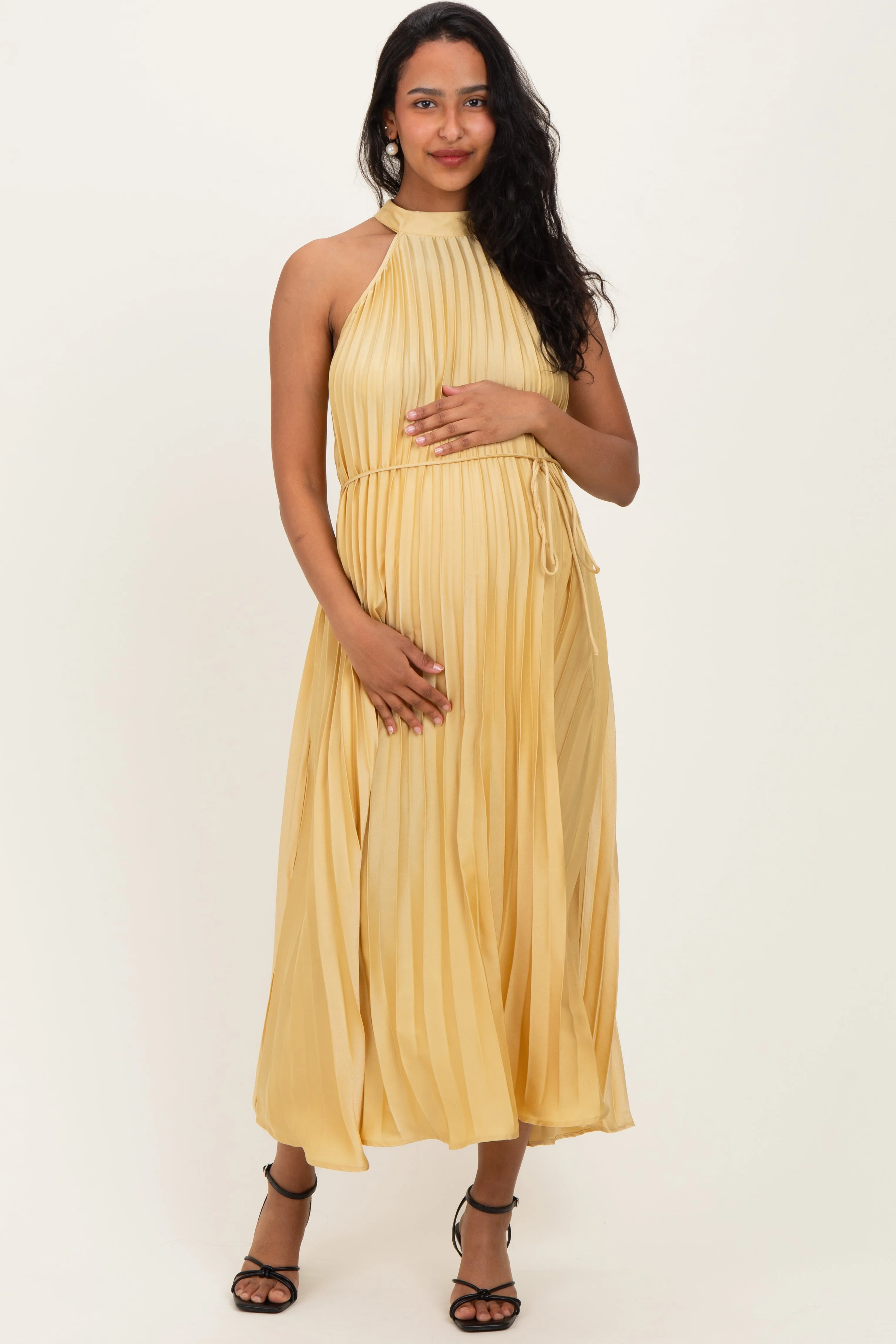 Yellow Pleated Maternity Halter Dress sold by Pinkblush