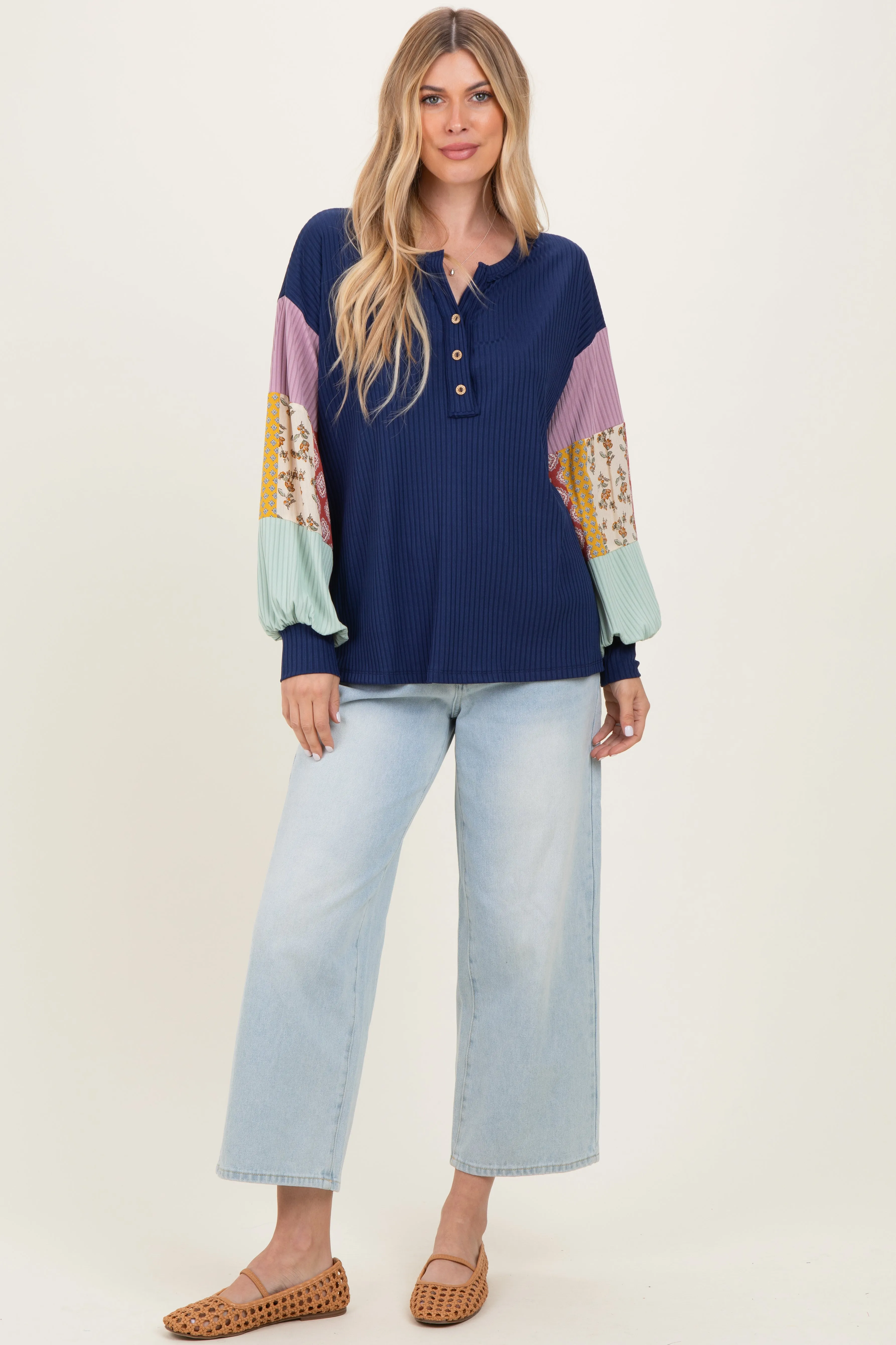 Navy Ribbed Long Sleeve Colorblock Top sold by Pinkblush product image thumbnail 2