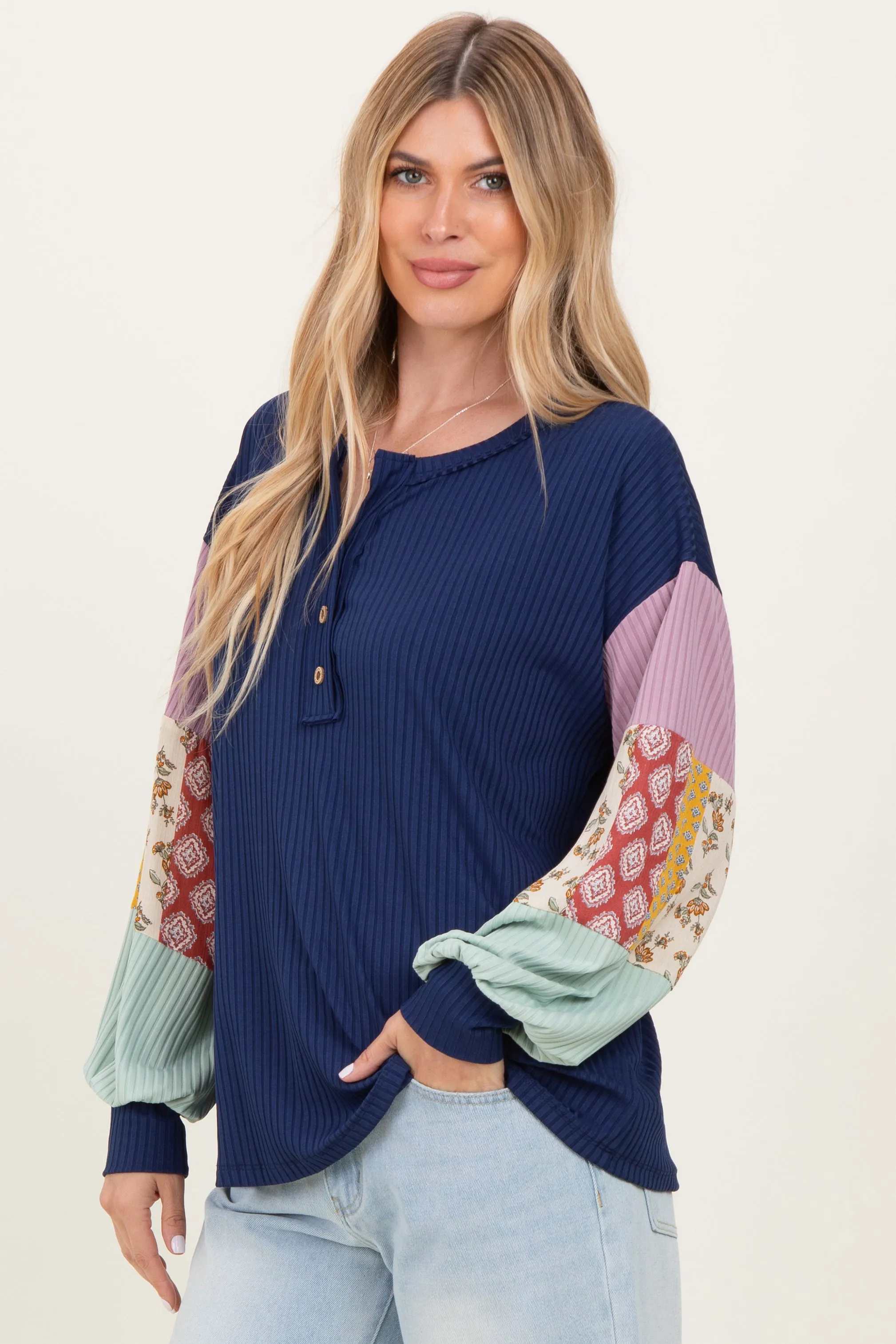 Navy Ribbed Long Sleeve Colorblock Top sold by Pinkblush product image thumbnail 3