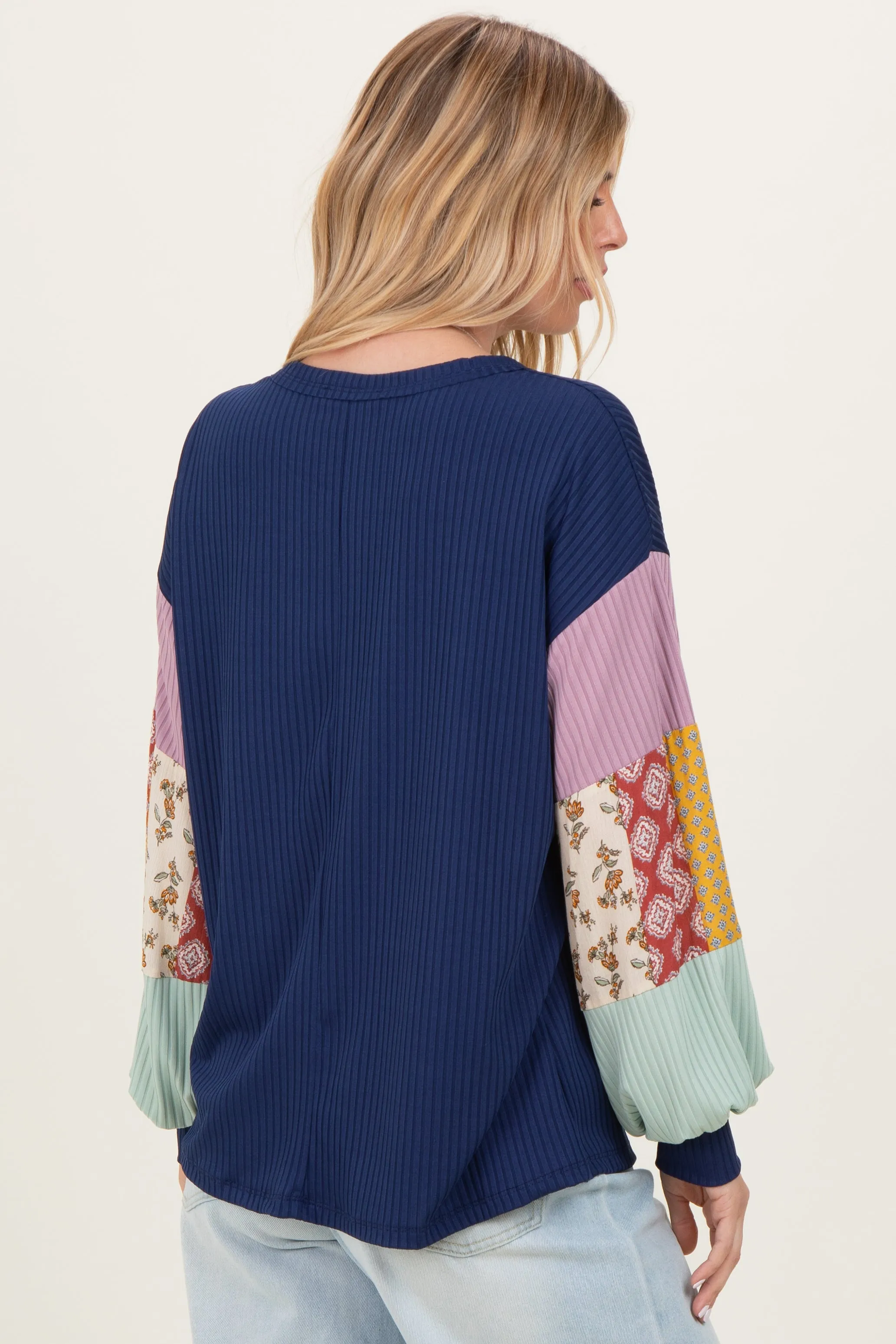 Navy Ribbed Long Sleeve Colorblock Top sold by Pinkblush product image thumbnail 4
