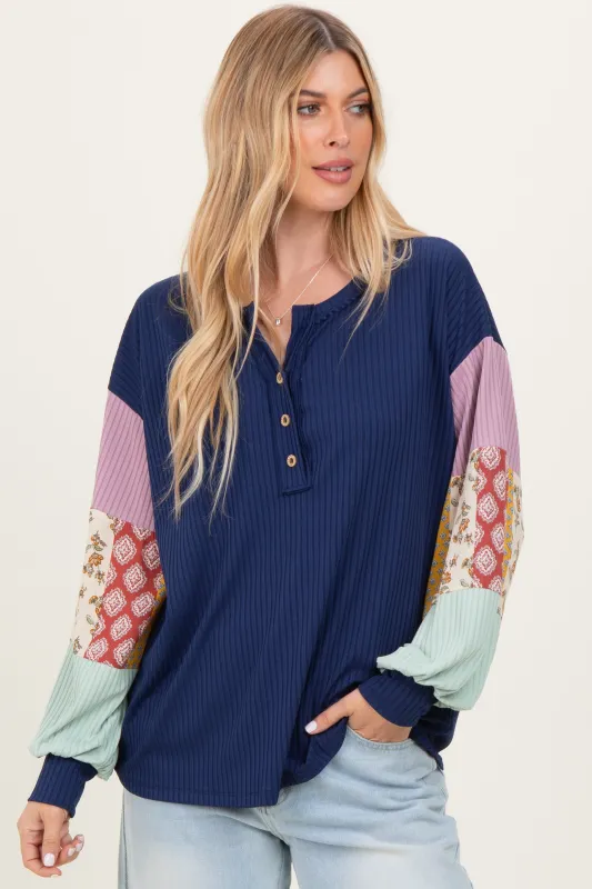 Navy Ribbed Long Sleeve Colorblock Top sold by Pinkblush