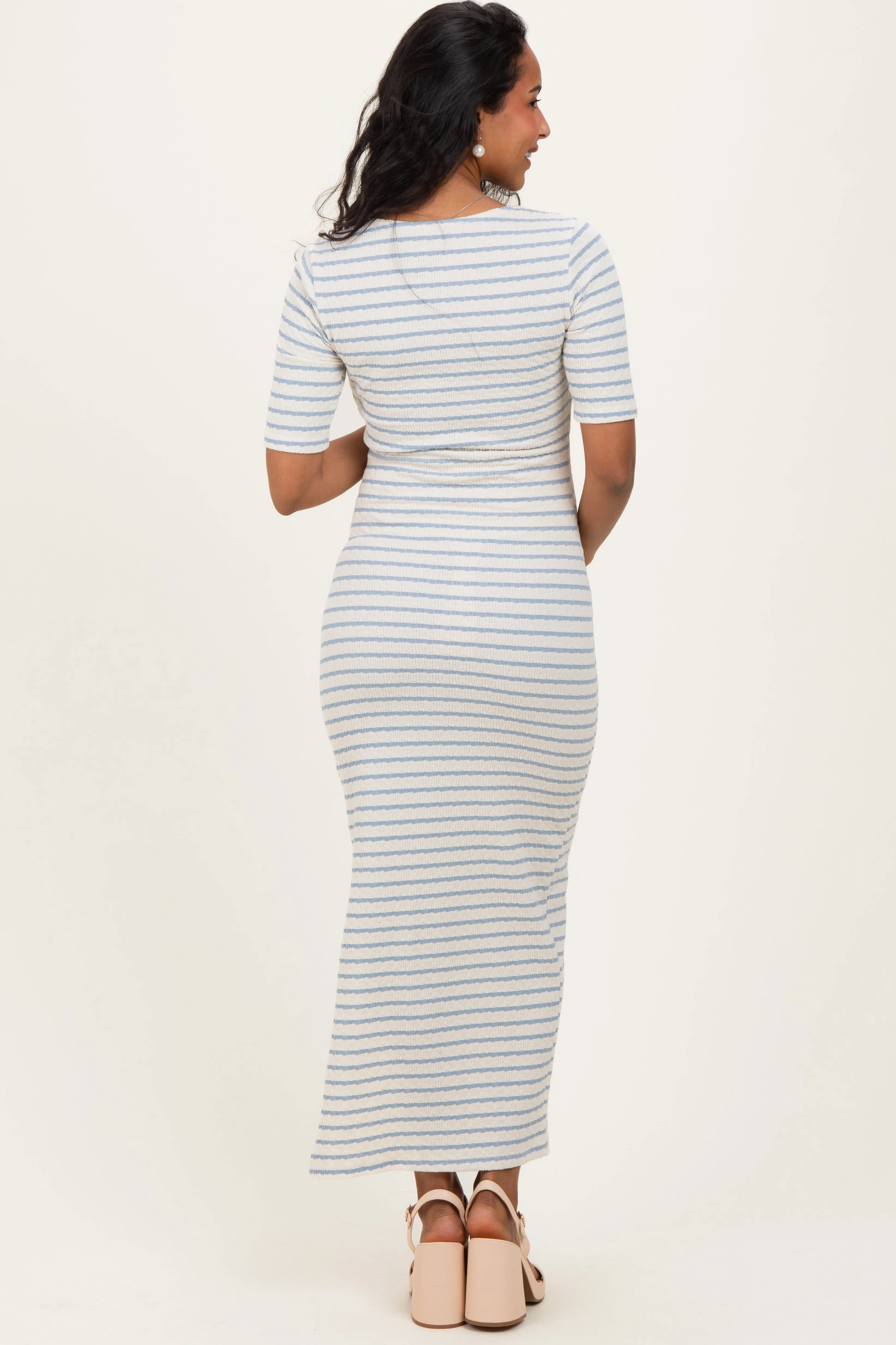 Cream/ Blue Striped Knit Short Sleeve Maternity Maxi Dress sold by Pinkblush product image thumbnail 3