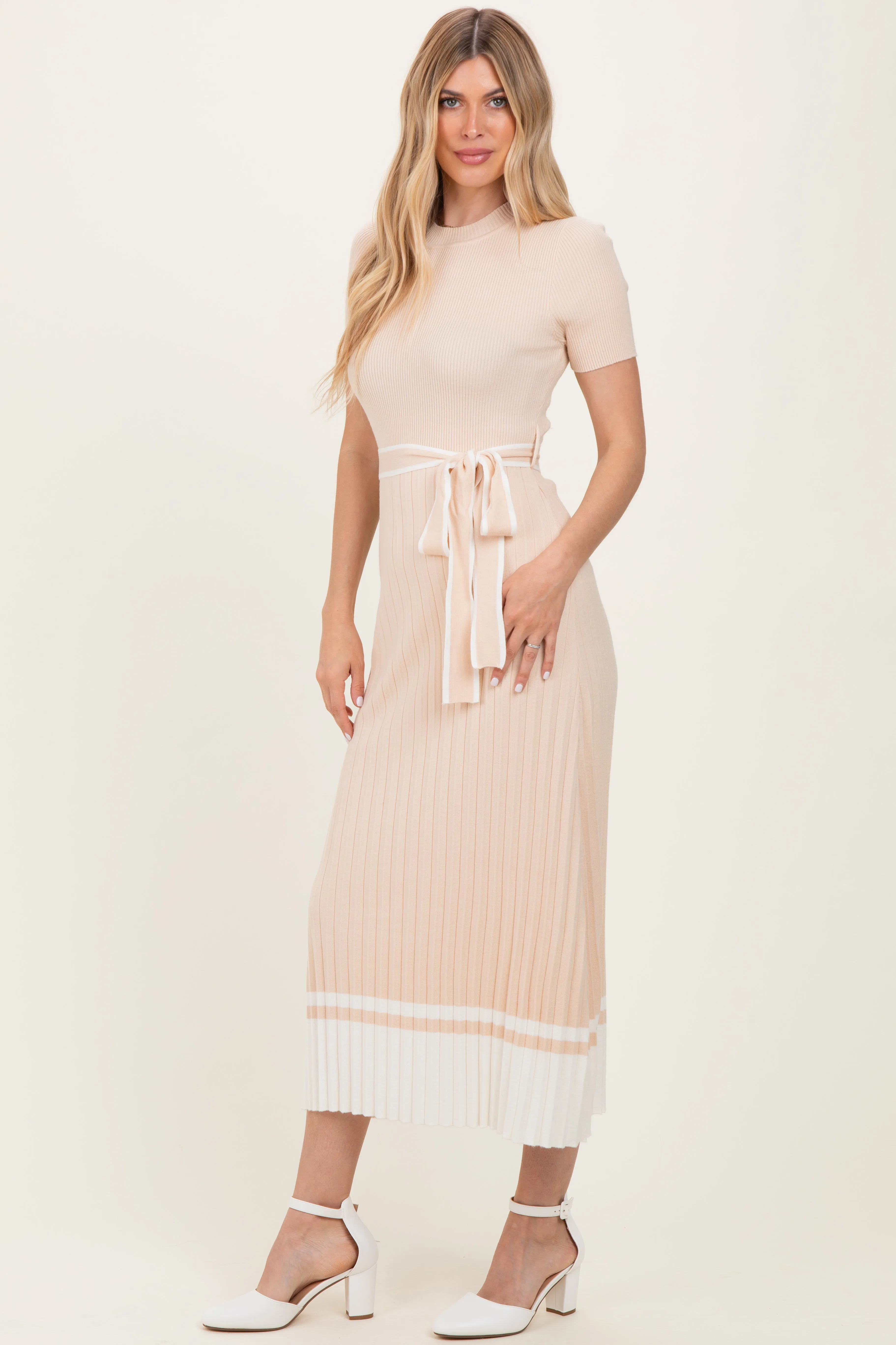 Beige Knit Pleated Sash Tie Midi Dress sold by Pinkblush product image thumbnail 3