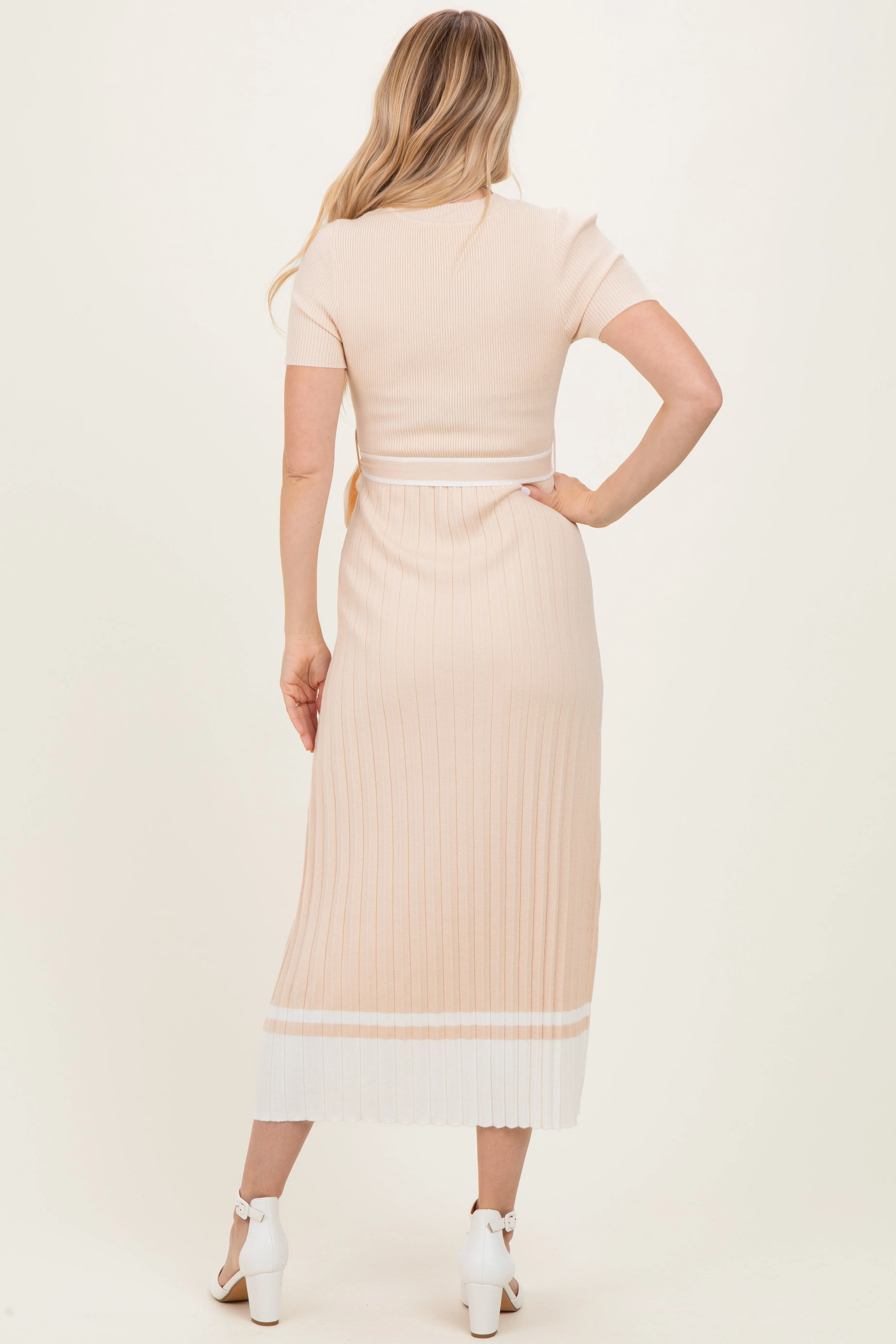 Beige Knit Pleated Sash Tie Midi Dress sold by Pinkblush product image thumbnail 4