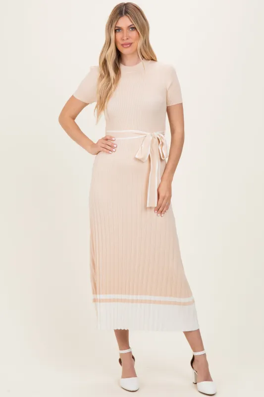 Beige Knit Pleated Sash Tie Midi Dress sold by Pinkblush