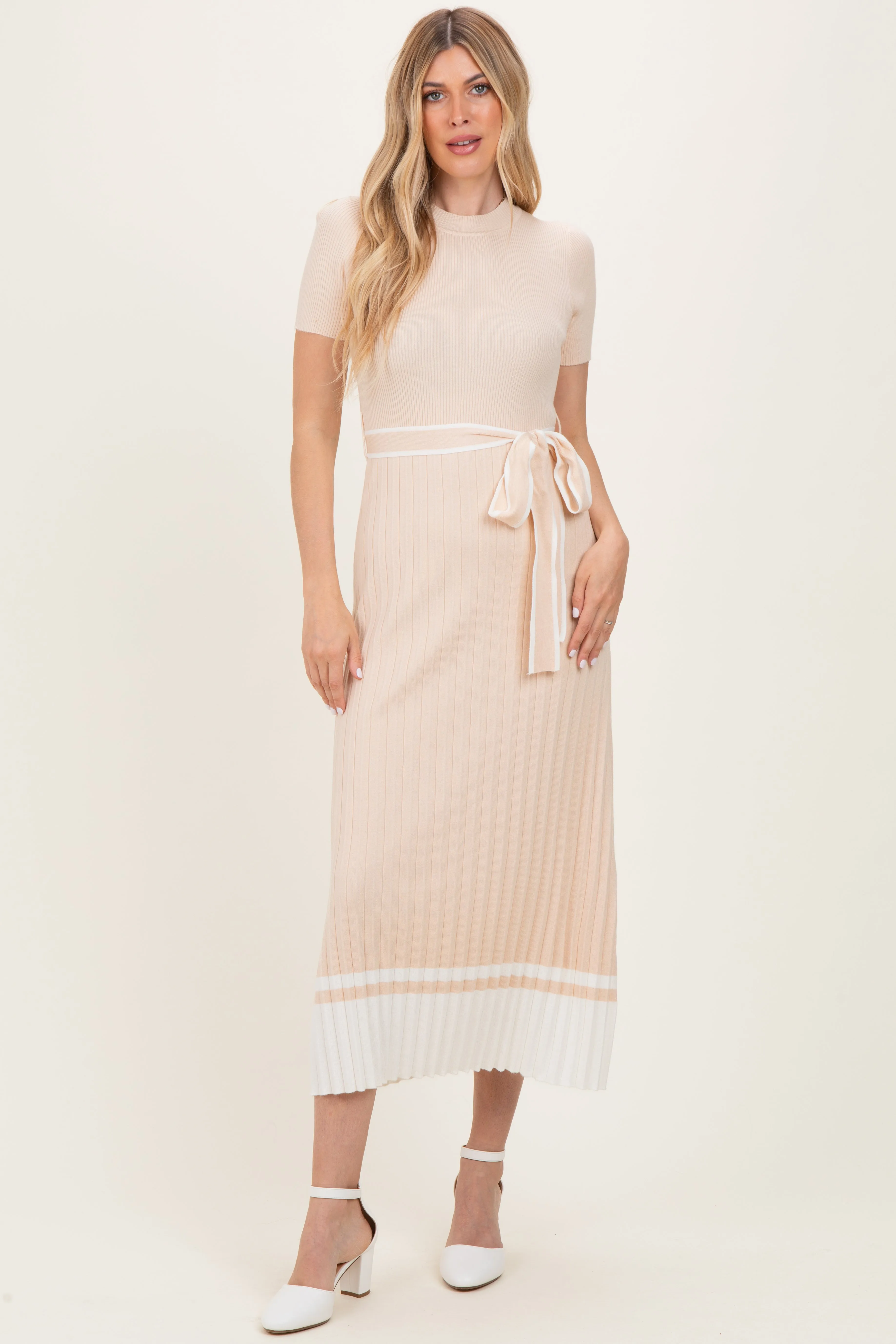 Beige Knit Pleated Sash Tie Midi Dress sold by Pinkblush product image thumbnail 2