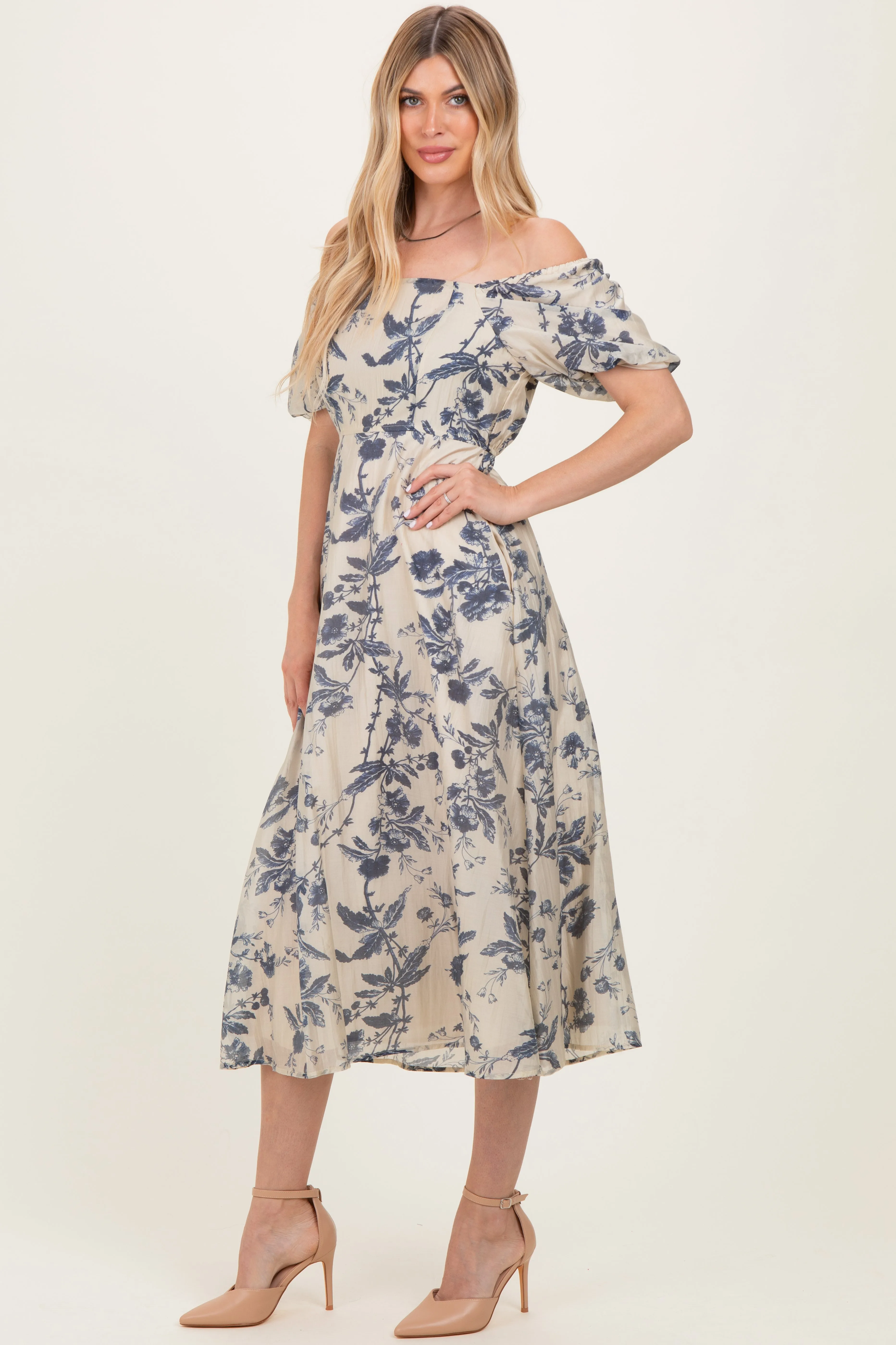 Navy Blue Floral Square Neck Puff Sleeve Midi Dress sold by Pinkblush product image thumbnail 3