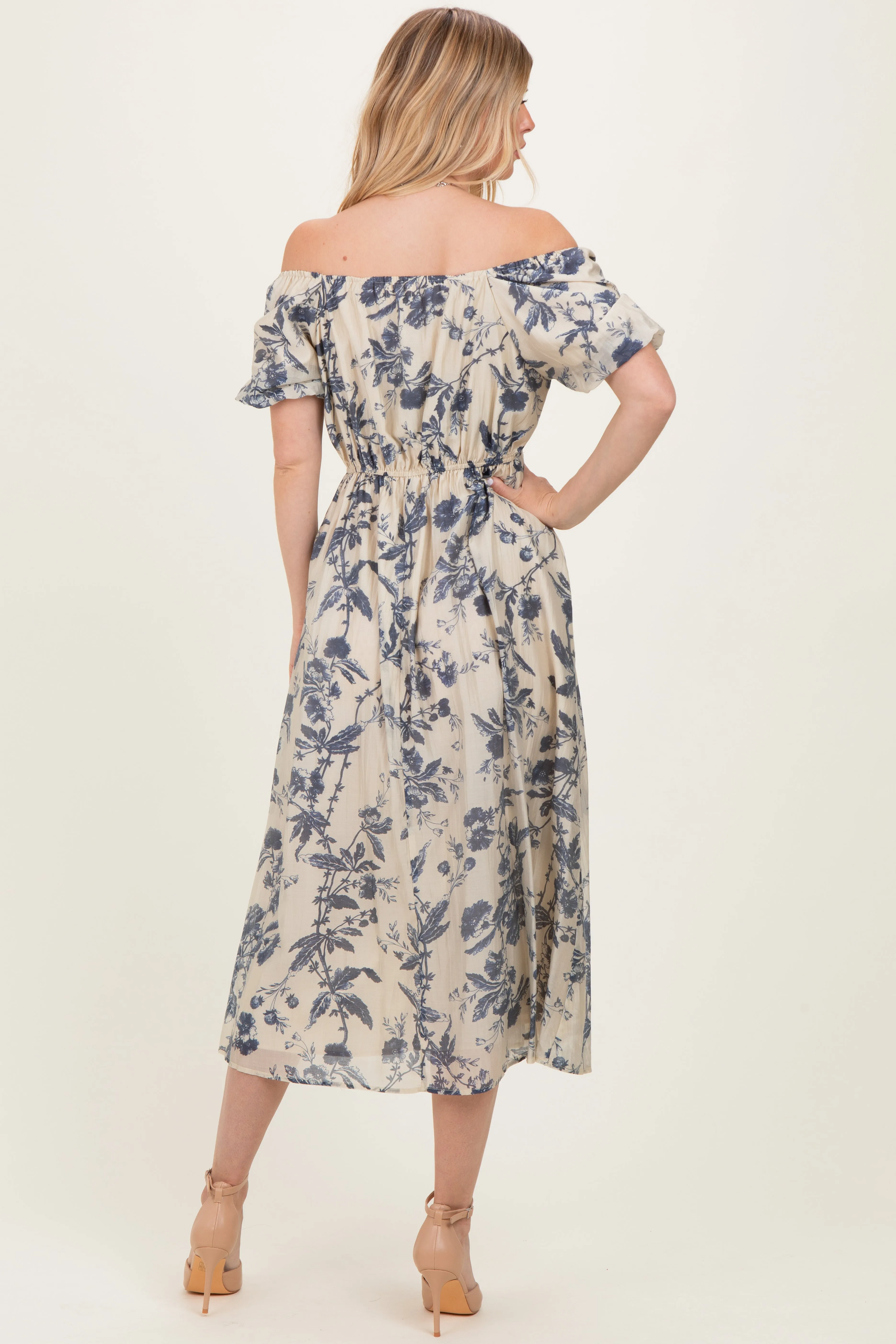 Navy Blue Floral Square Neck Puff Sleeve Midi Dress sold by Pinkblush product image thumbnail 4