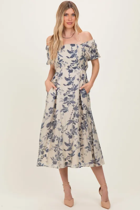 Navy Blue Floral Square Neck Puff Sleeve Midi Dress sold by Pinkblush