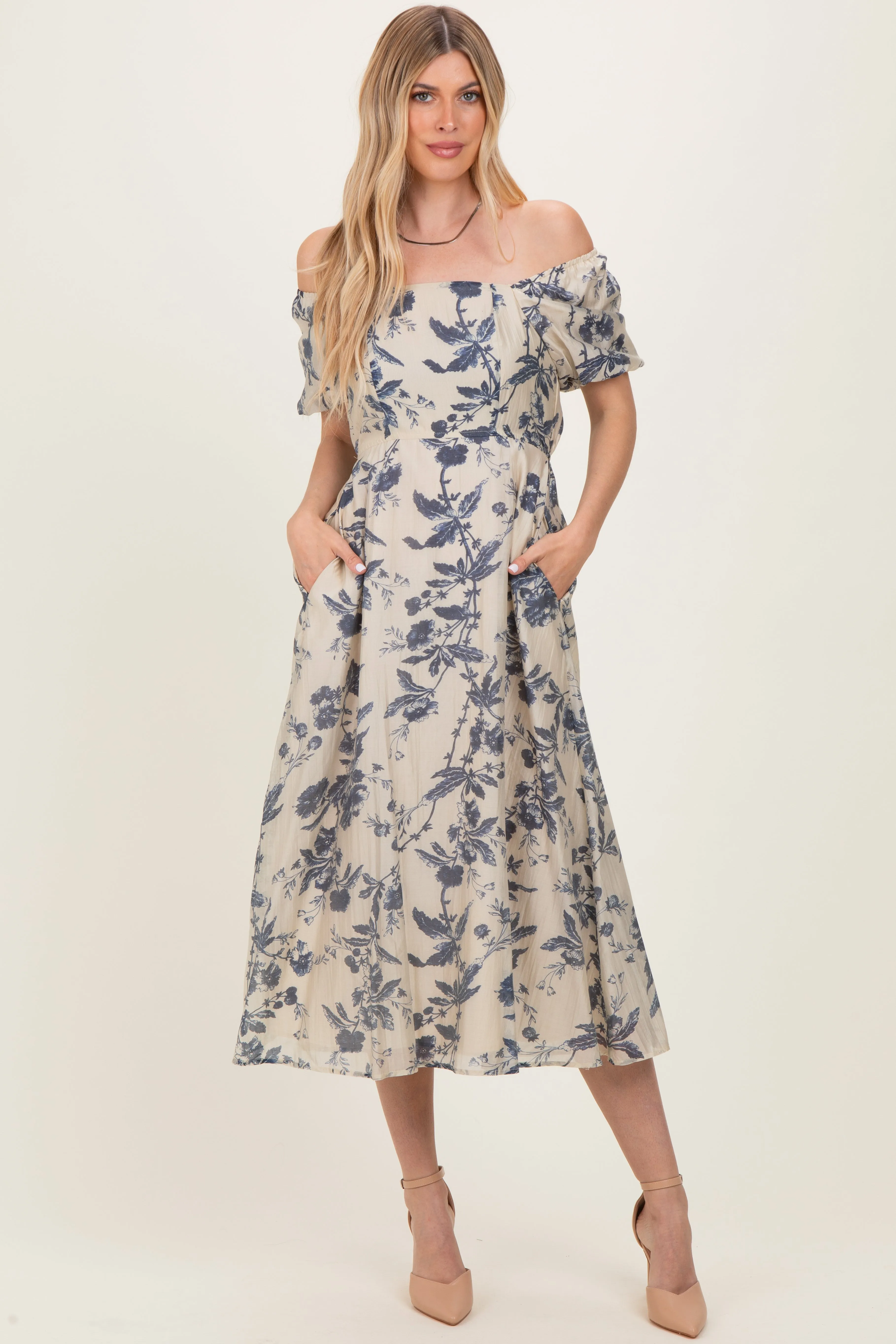 Navy Blue Floral Square Neck Puff Sleeve Midi Dress sold by Pinkblush