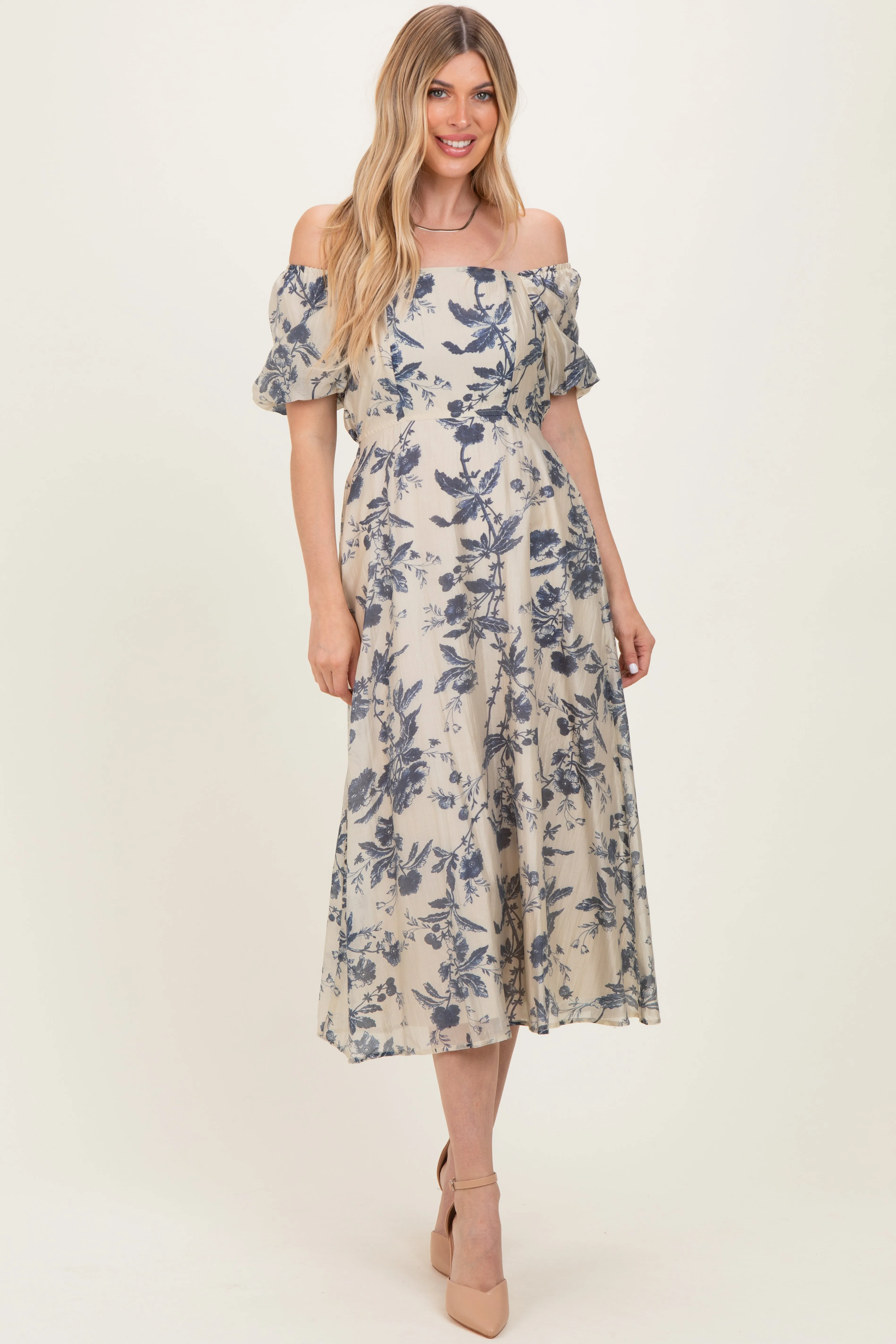 Navy Blue Floral Square Neck Puff Sleeve Midi Dress sold by Pinkblush product image thumbnail 2