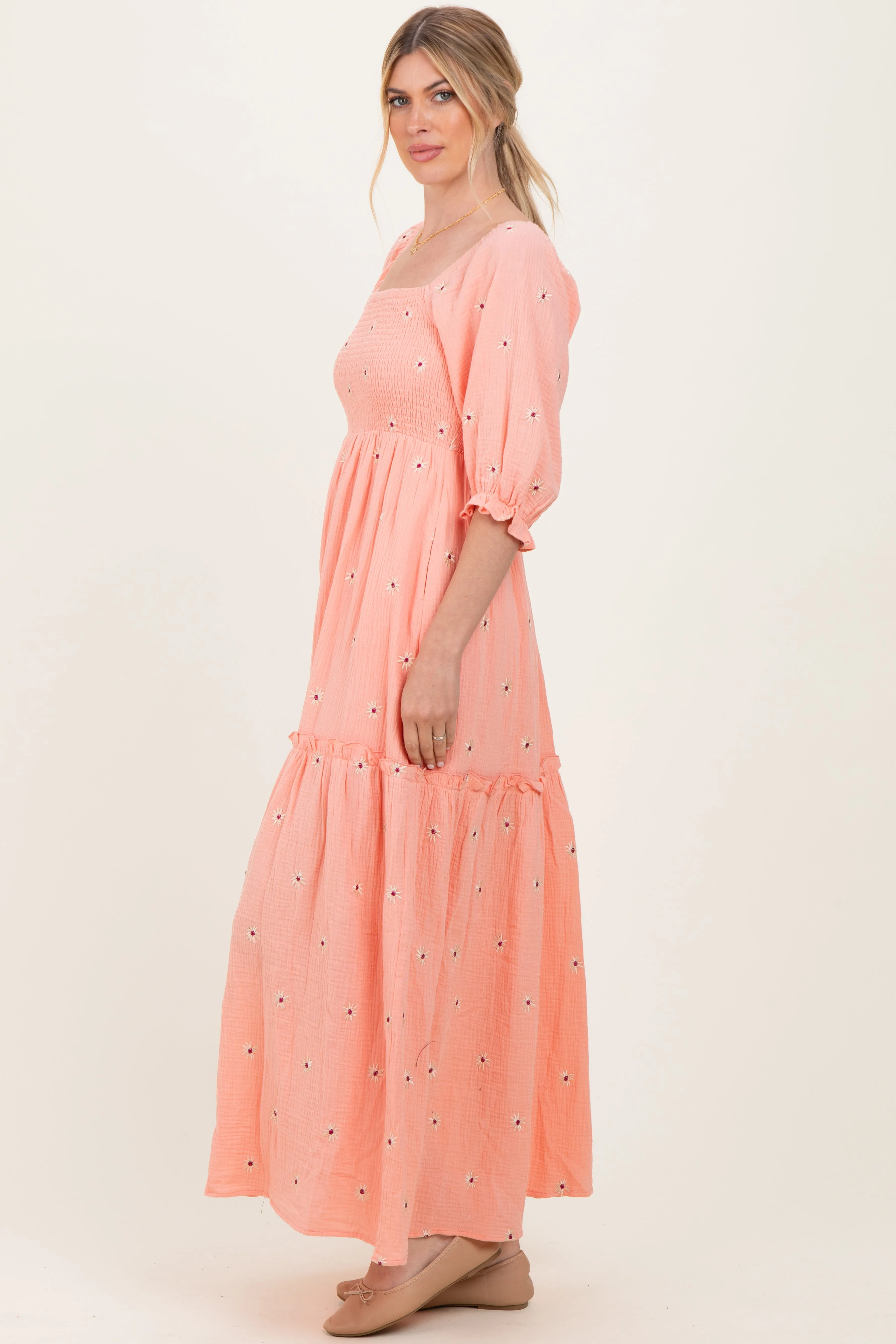 Light Pink Floral Smocked Puff Sleeve Maxi Dress sold by Pinkblush product image thumbnail 3