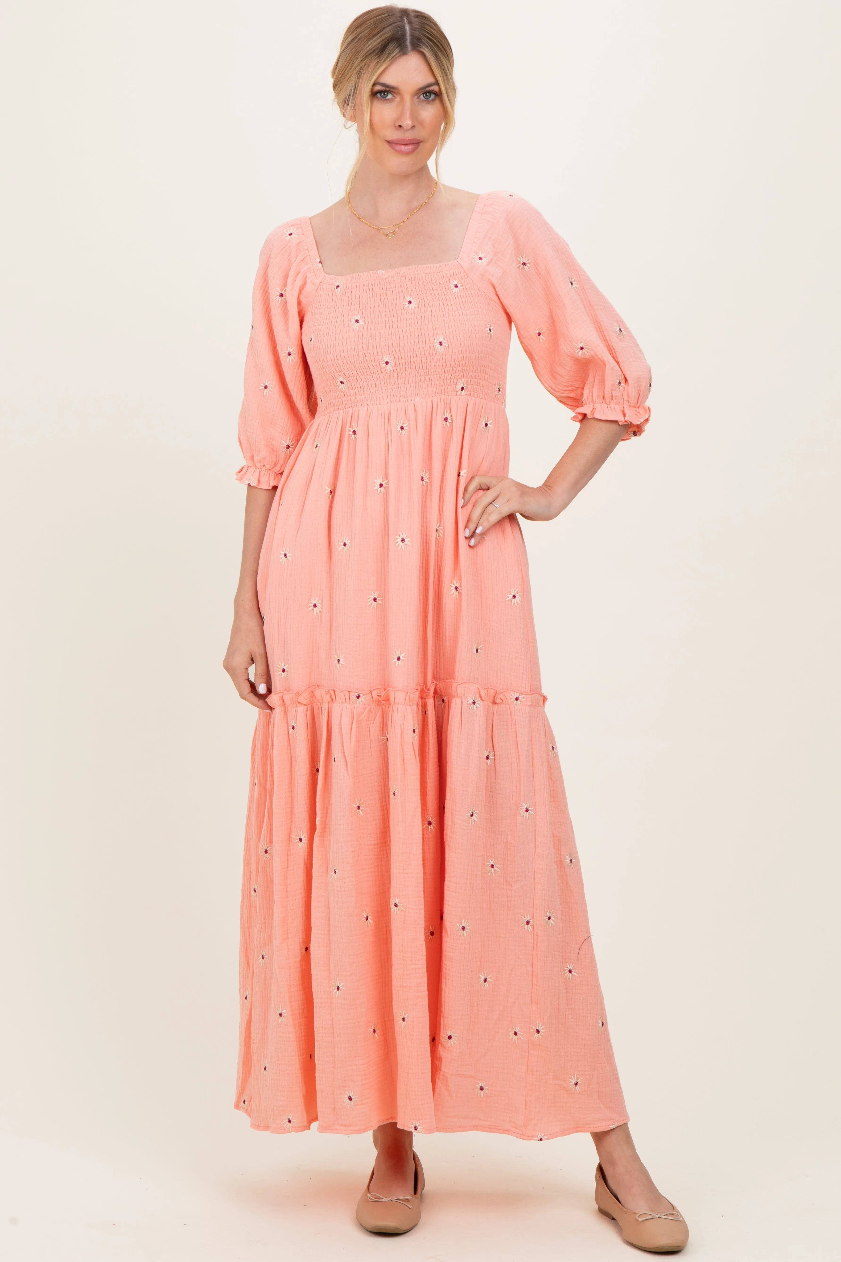 Light Pink Floral Smocked Puff Sleeve Maxi Dress sold by Pinkblush