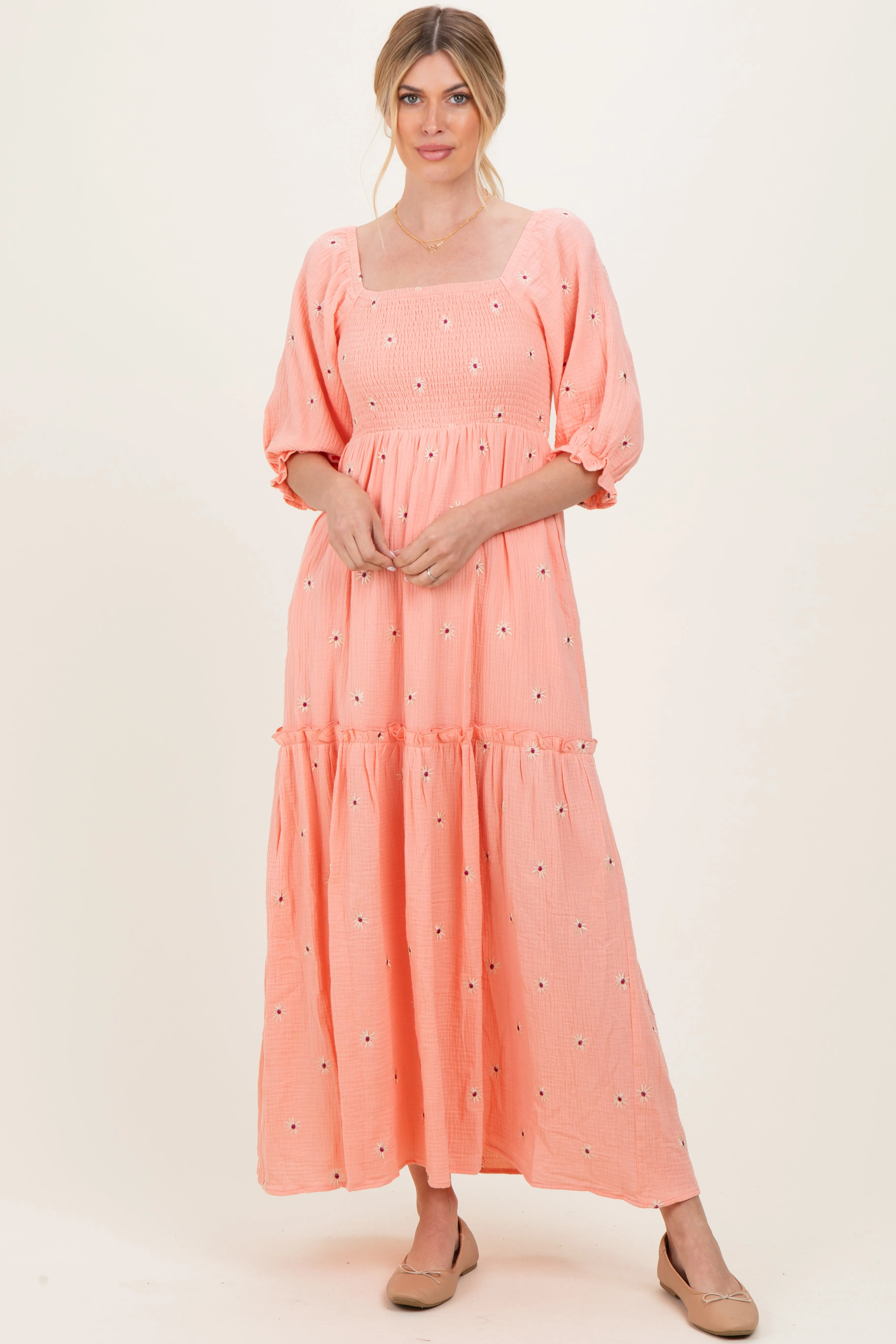 Light Pink Floral Smocked Puff Sleeve Maxi Dress sold by Pinkblush product image thumbnail 2