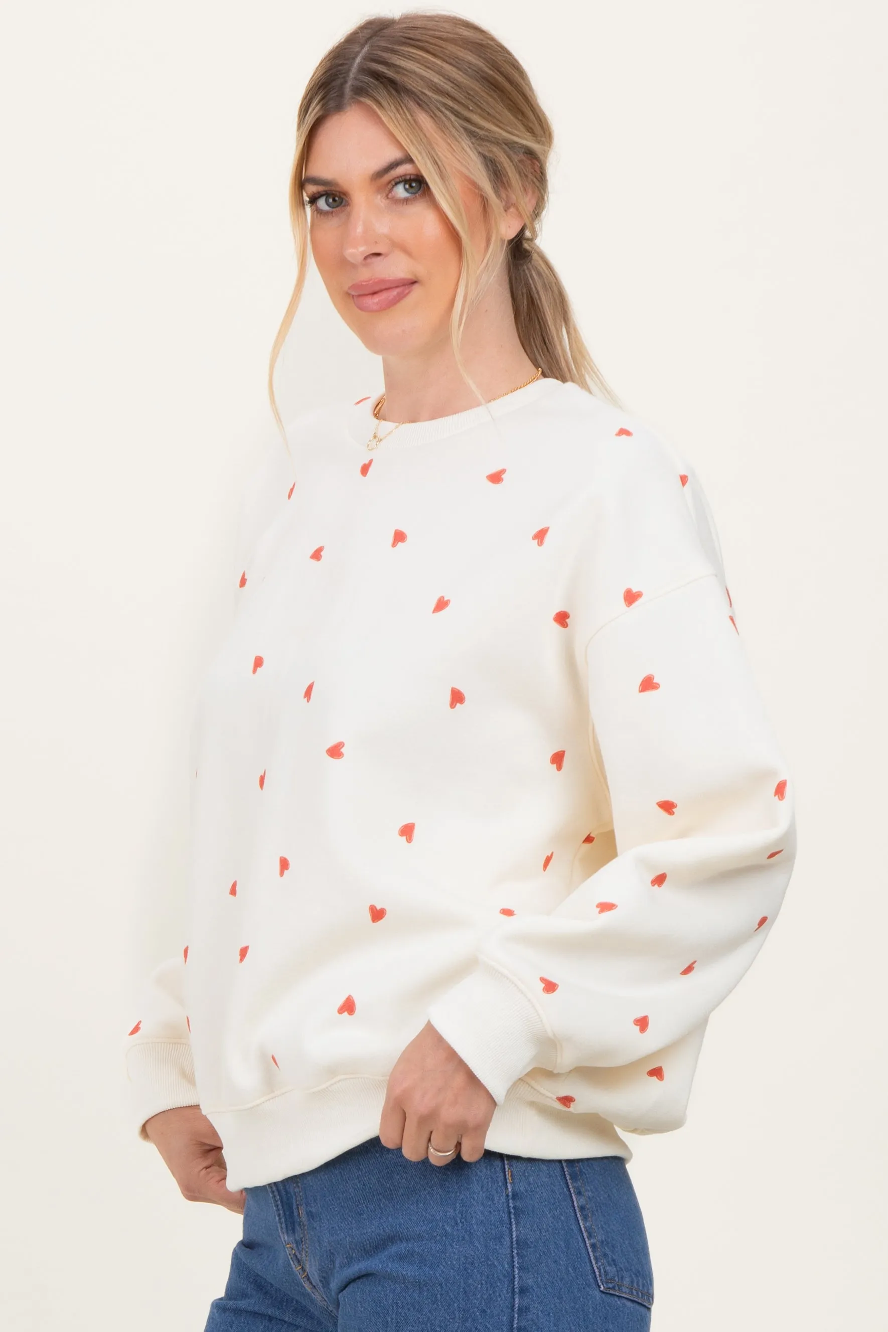 Cream Crew Neck Heart Print Sweatshirt sold by Pinkblush product image thumbnail 3