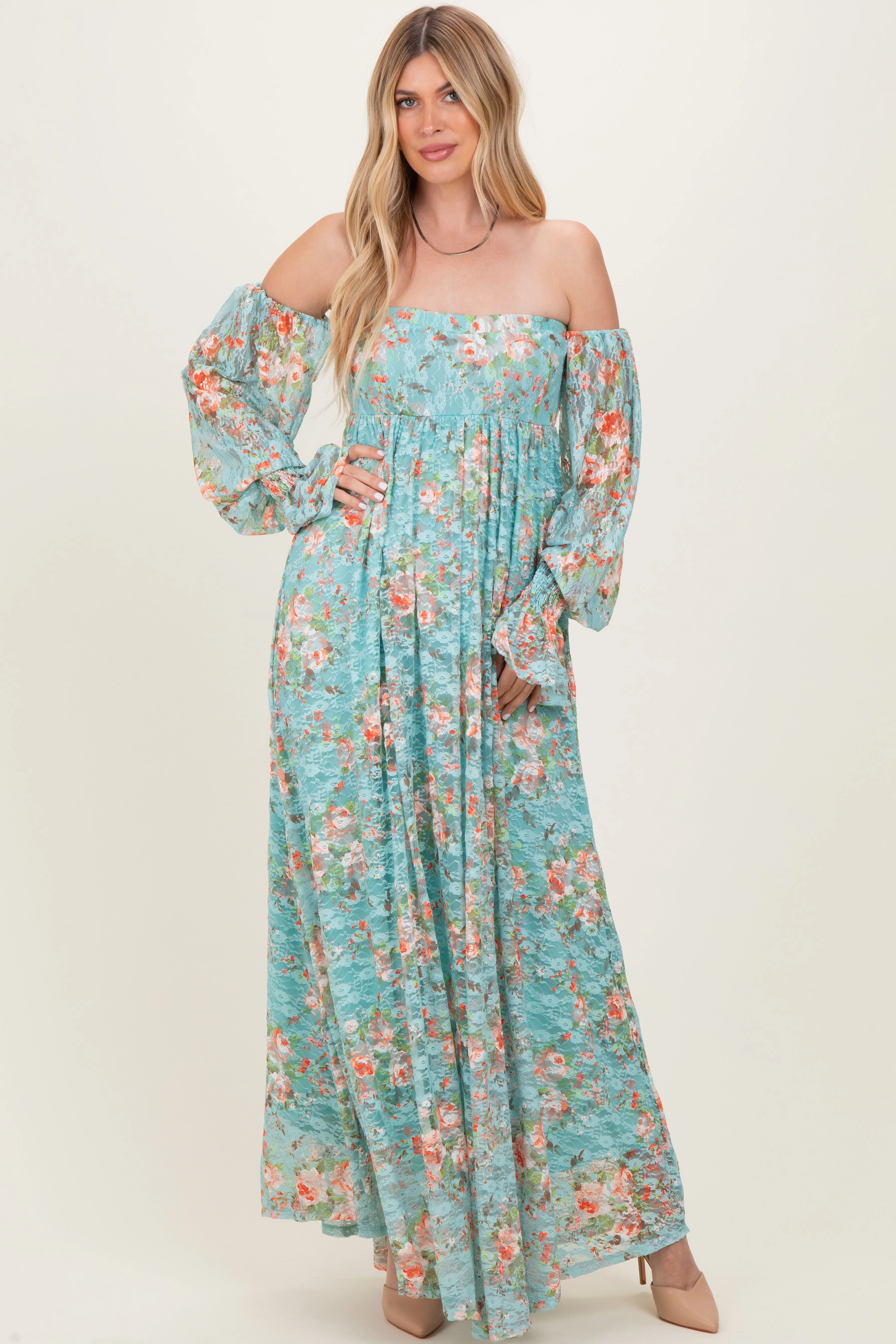 Mint Floral Lace Smocked Long Sleeve Off Shoulder Maxi Dress sold by Pinkblush product image thumbnail 2