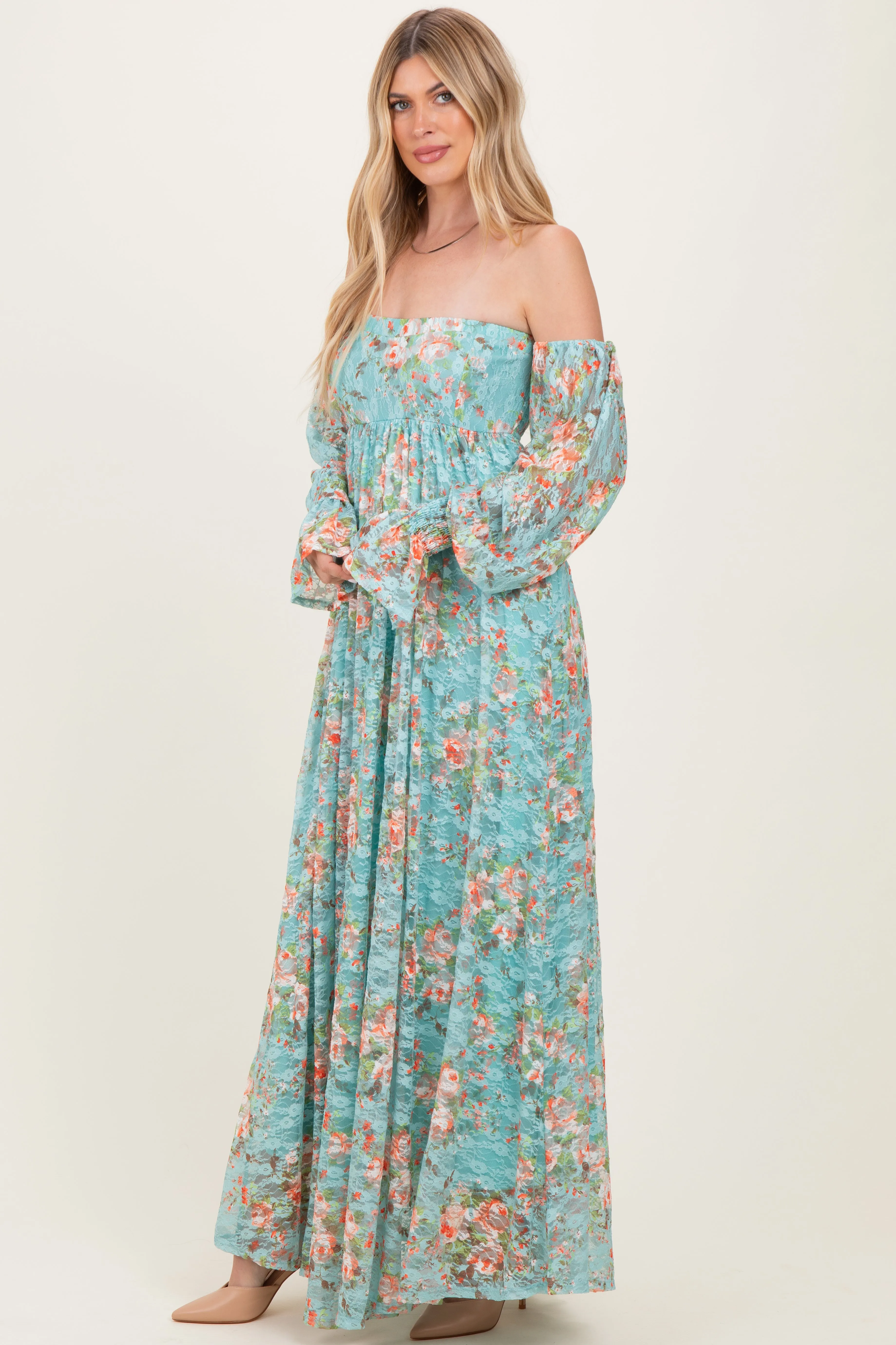 Mint Floral Lace Smocked Long Sleeve Off Shoulder Maxi Dress sold by Pinkblush product image thumbnail 3
