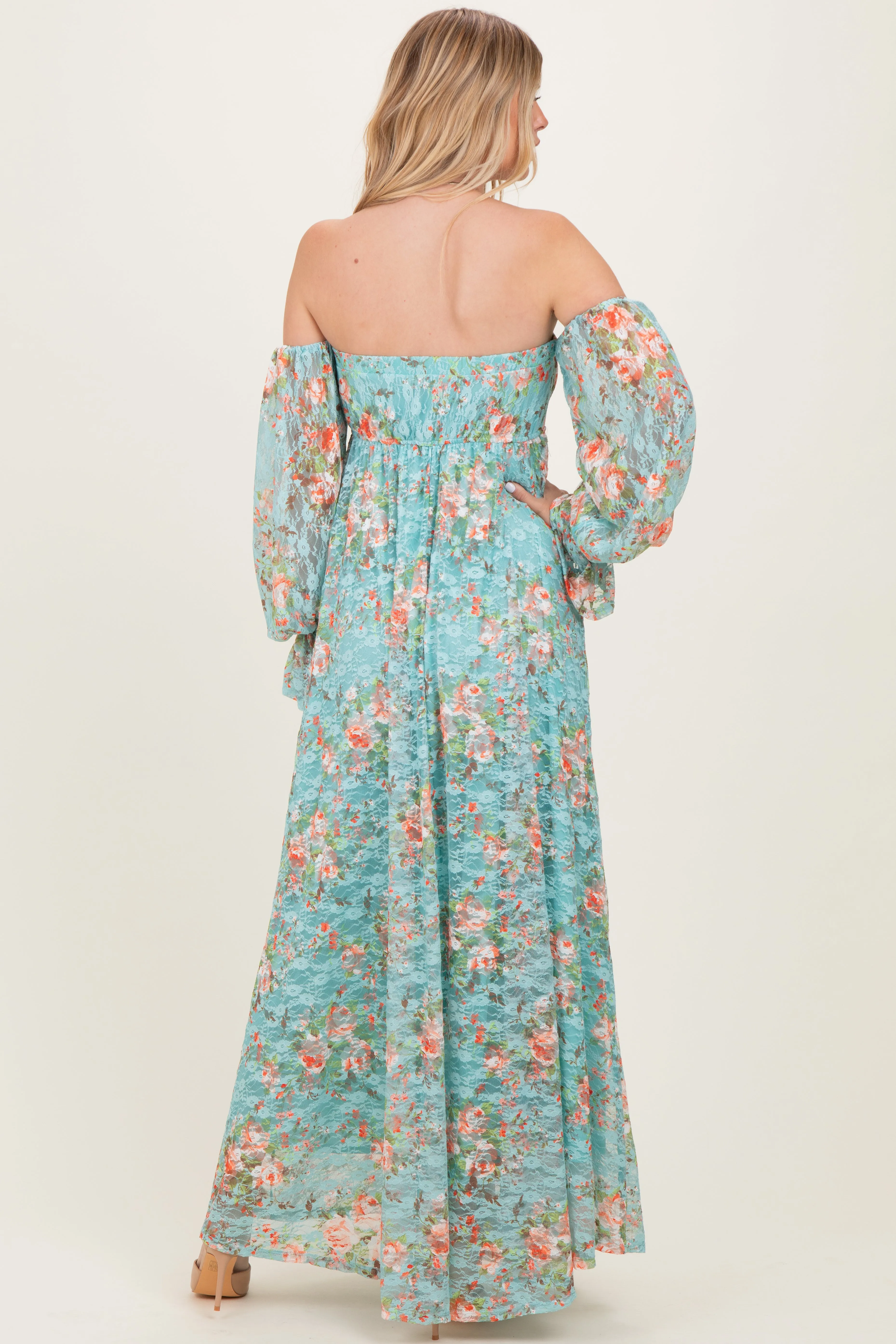 Mint Floral Lace Smocked Long Sleeve Off Shoulder Maxi Dress sold by Pinkblush product image thumbnail 4