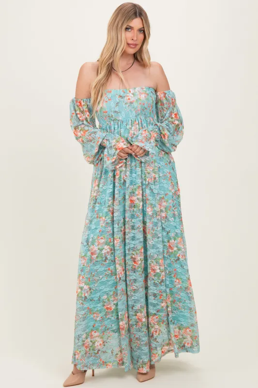 Mint Floral Lace Smocked Long Sleeve Off Shoulder Maxi Dress sold by Pinkblush