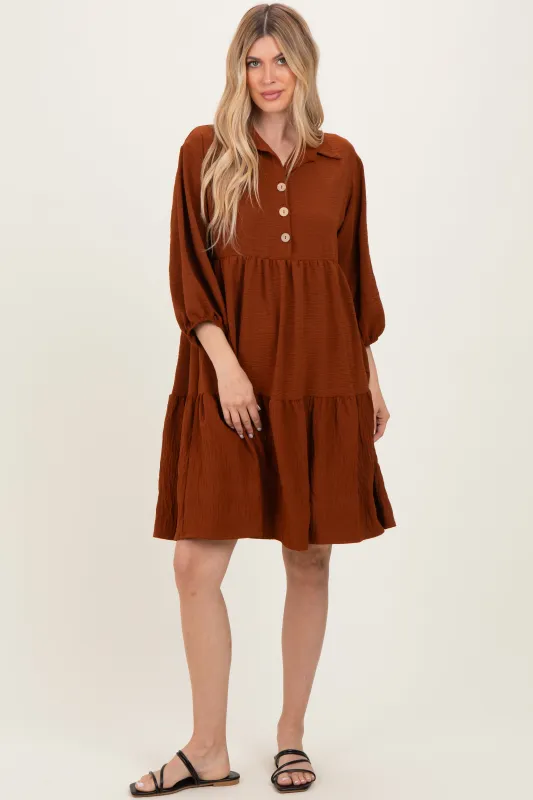 Camel Long Sleeve Button Down Collared Tiered Dress sold by Pinkblush
