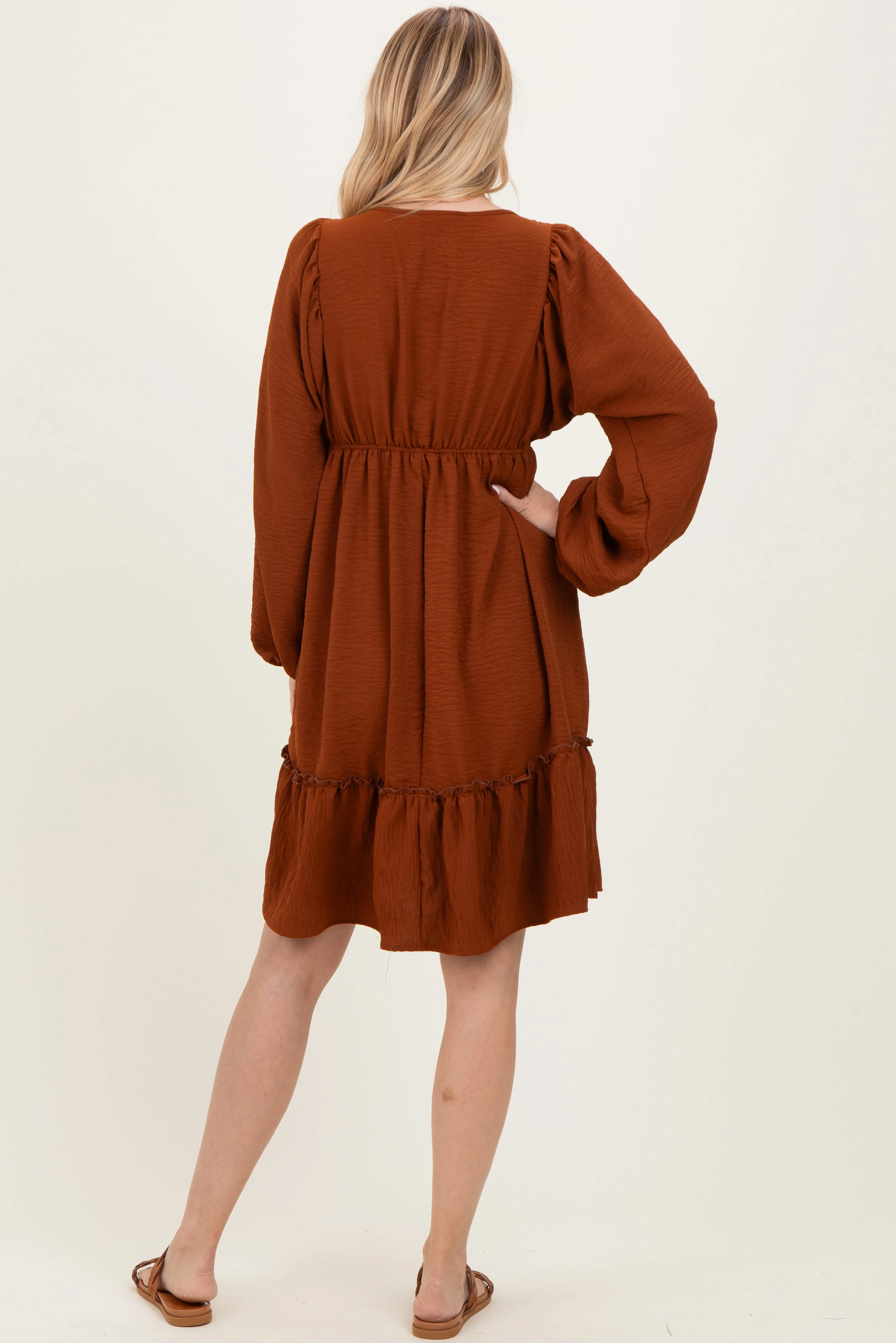 Brown Long Sleeve V-Neck Tiered Midi Dress sold by Pinkblush product image thumbnail 4