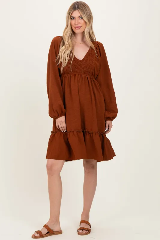 Brown Long Sleeve V-Neck Tiered Midi Dress sold by Pinkblush