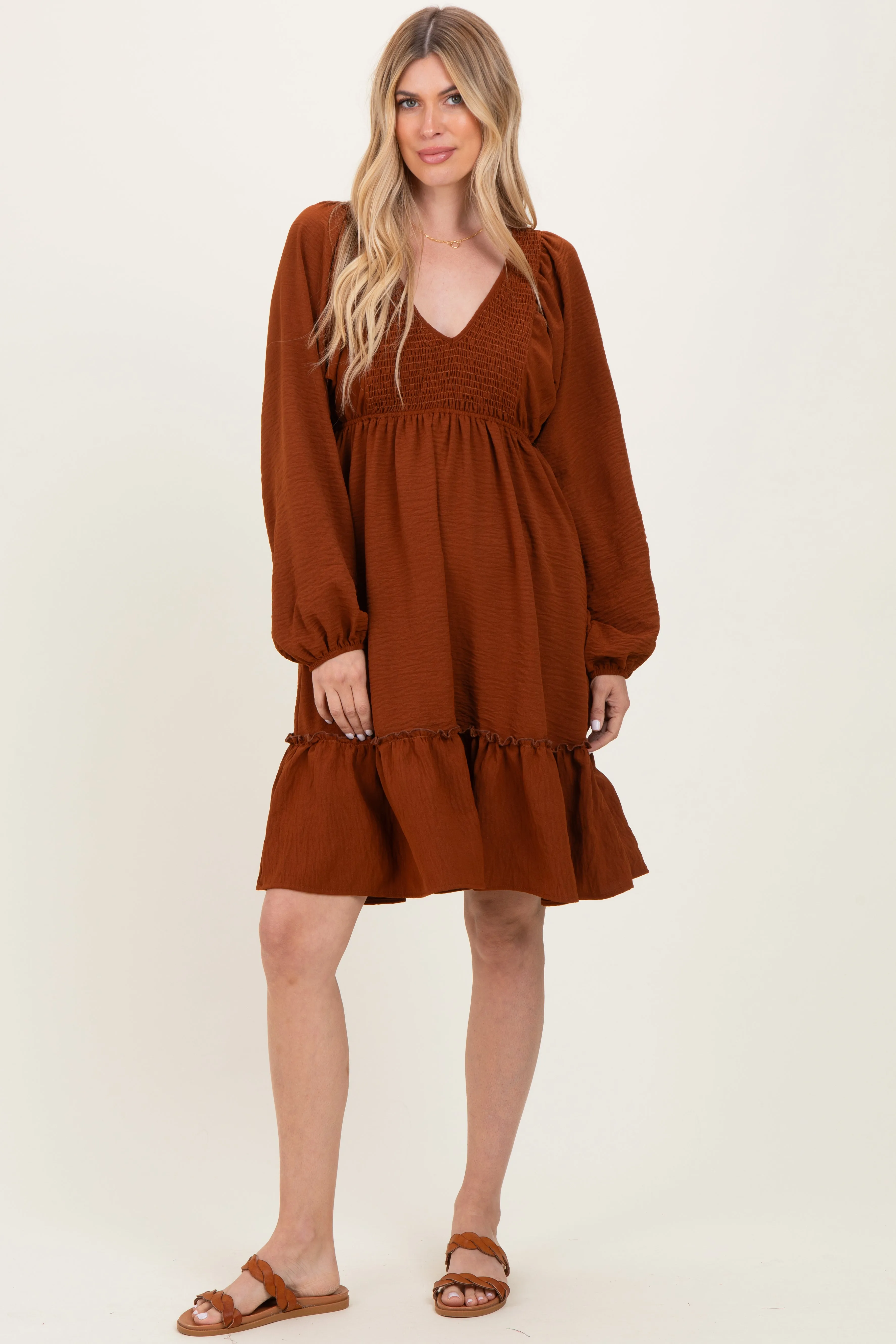 Brown Long Sleeve V-Neck Tiered Midi Dress sold by Pinkblush