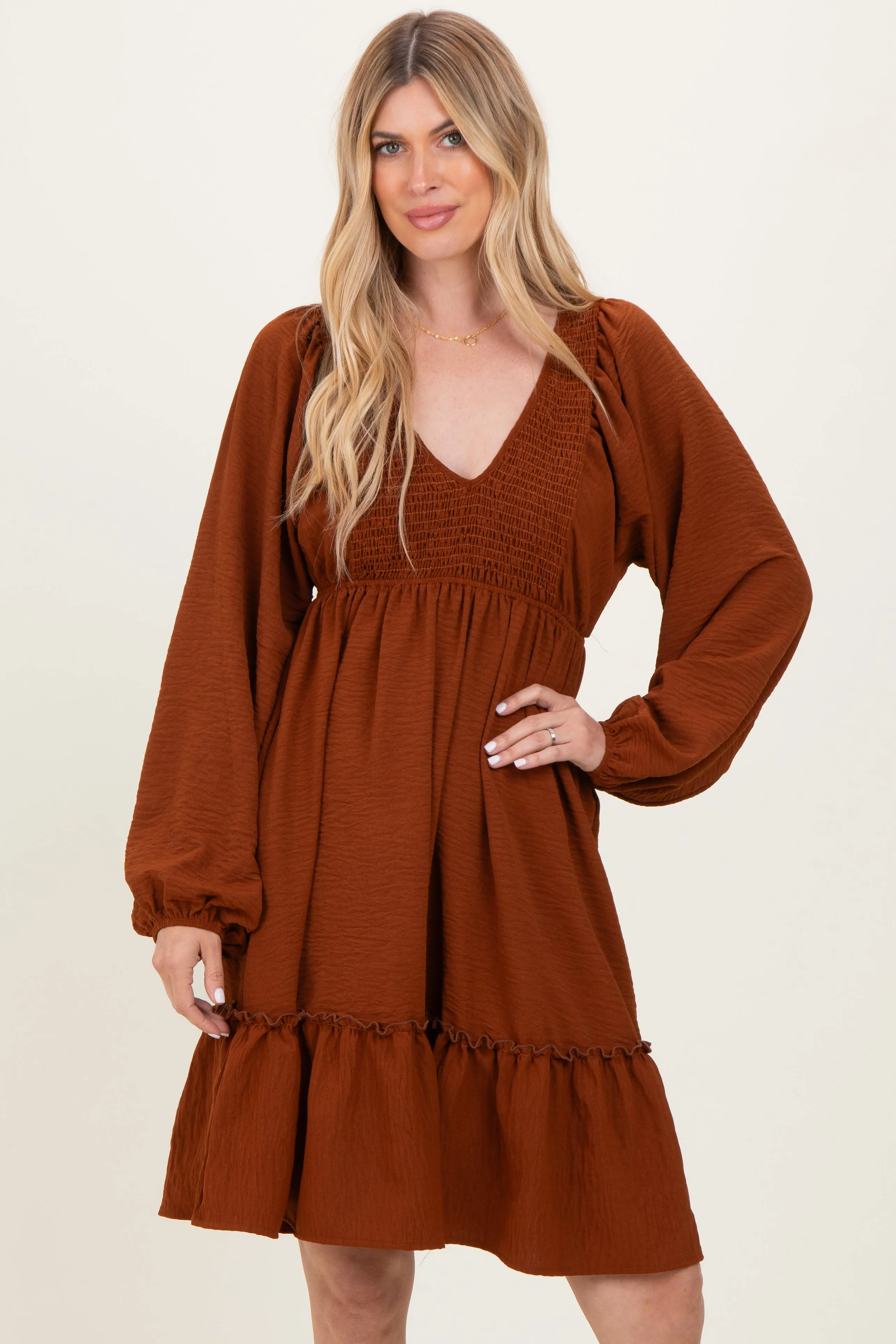 Brown Long Sleeve V-Neck Tiered Midi Dress sold by Pinkblush product image thumbnail 2