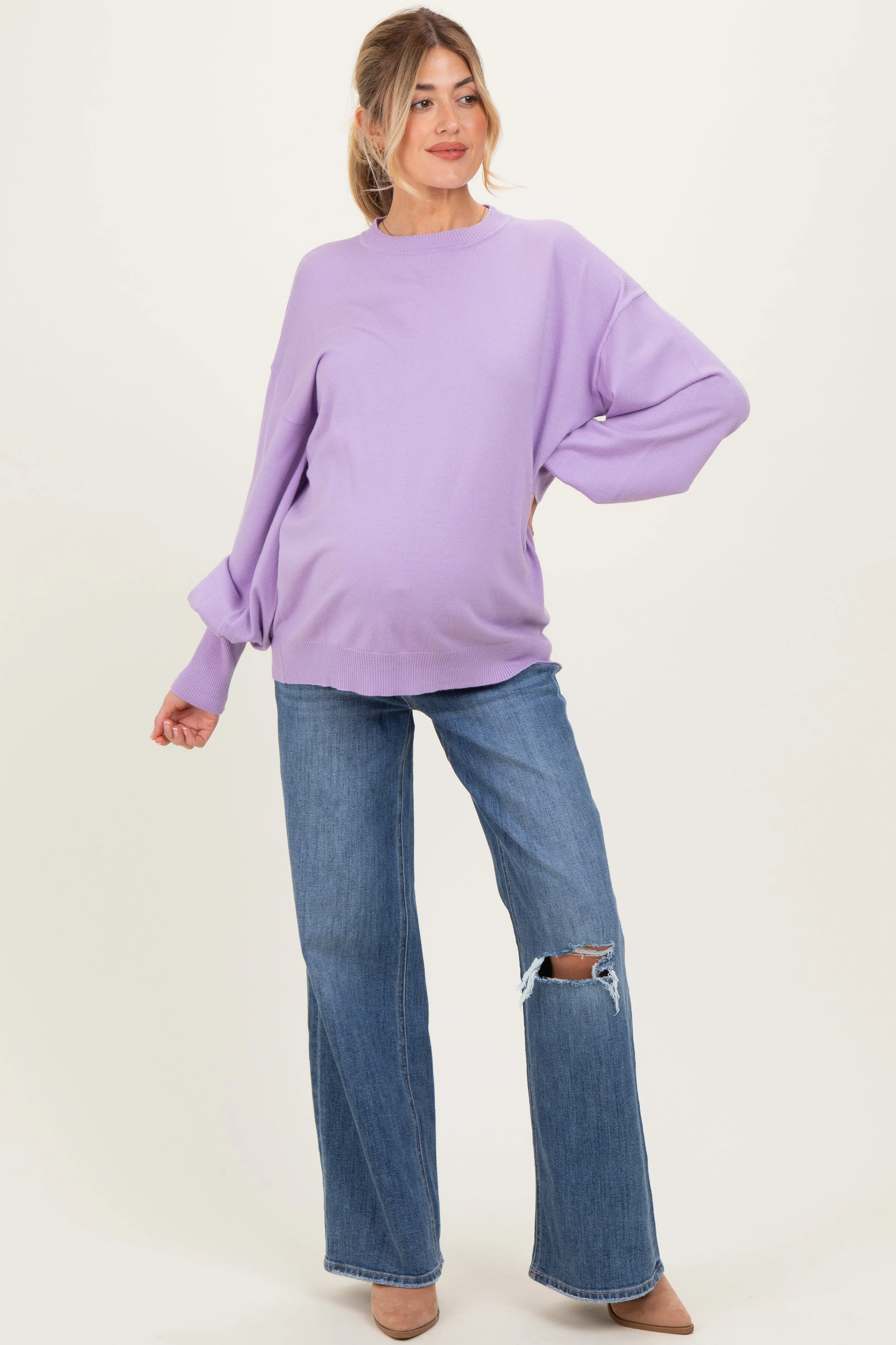 Lavender Fine Knit Balloon Sleeve Maternity Sweater sold by Pinkblush product image thumbnail 2