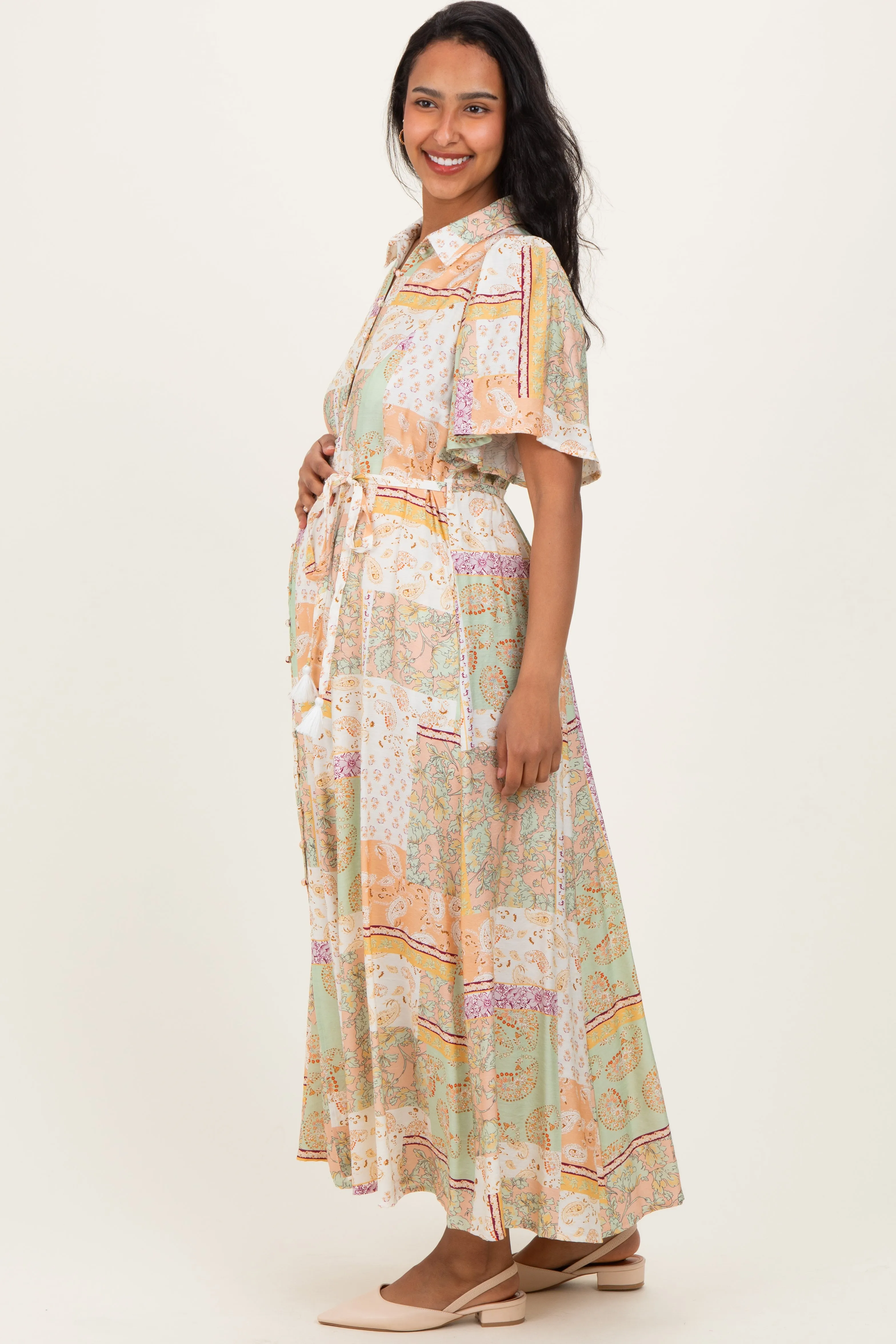 Multicolor Patchwork Print Button Down Maternity Maxi Dress sold by Pinkblush product image thumbnail 3