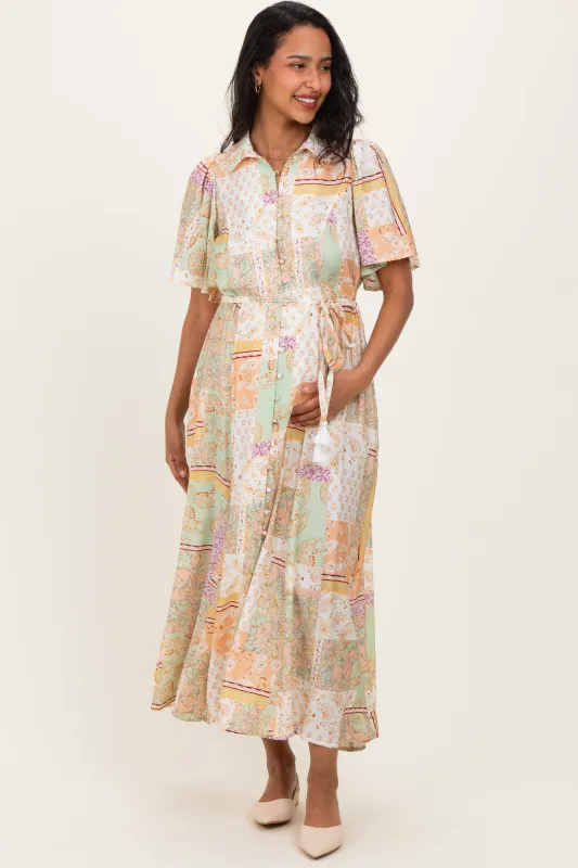 Multicolor Patchwork Print Button Down Maternity Maxi Dress sold by Pinkblush