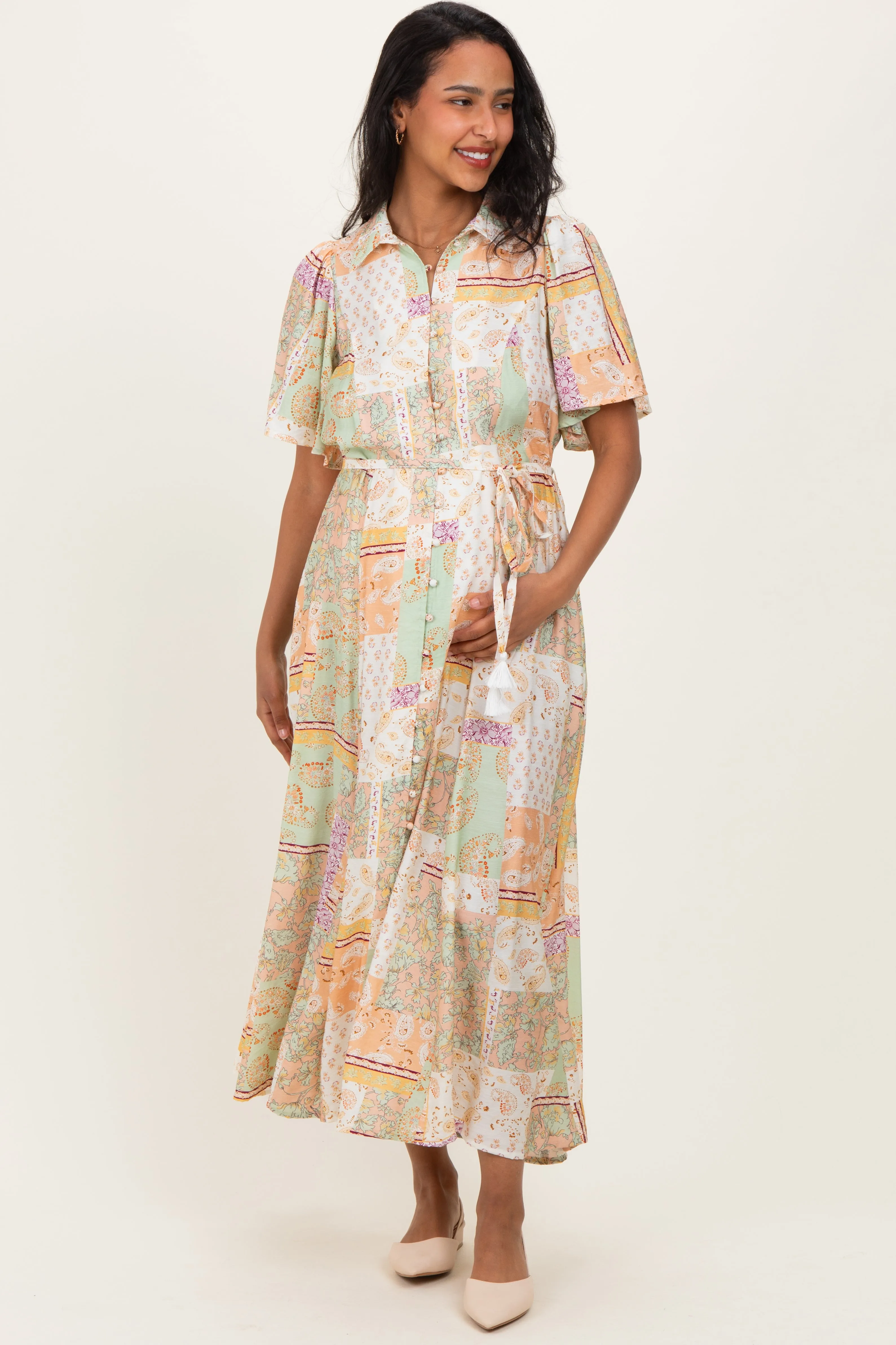 Multicolor Patchwork Print Button Down Maternity Maxi Dress sold by Pinkblush