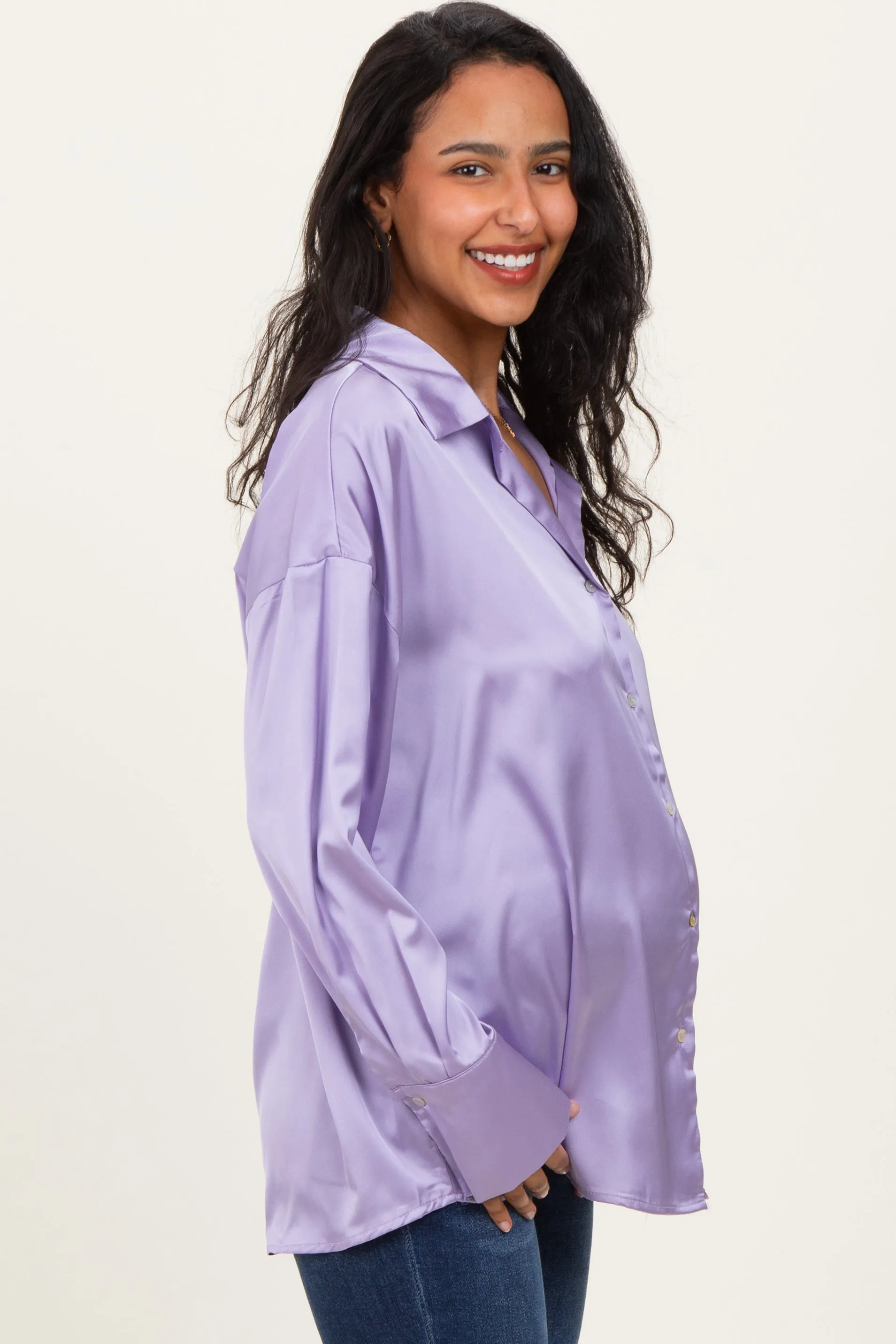 Lavender Satin Button Up Maternity Blouse sold by Pinkblush product image thumbnail 3