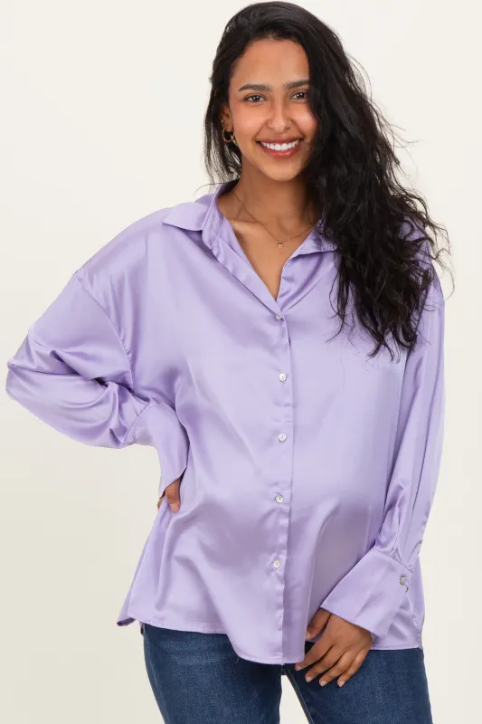 Lavender Satin Button Up Maternity Blouse sold by Pinkblush