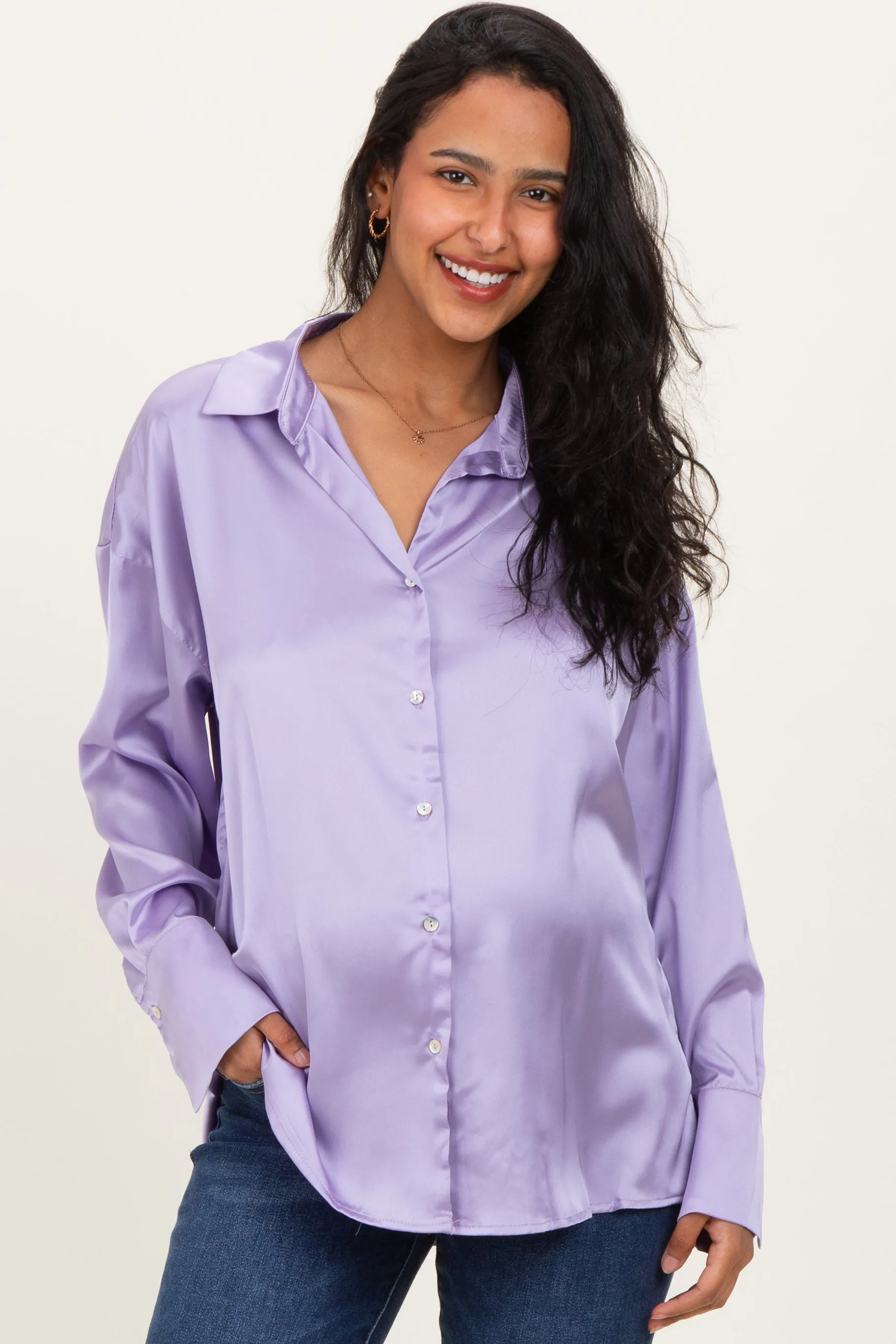 Lavender Satin Button Up Maternity Blouse sold by Pinkblush product image thumbnail 2