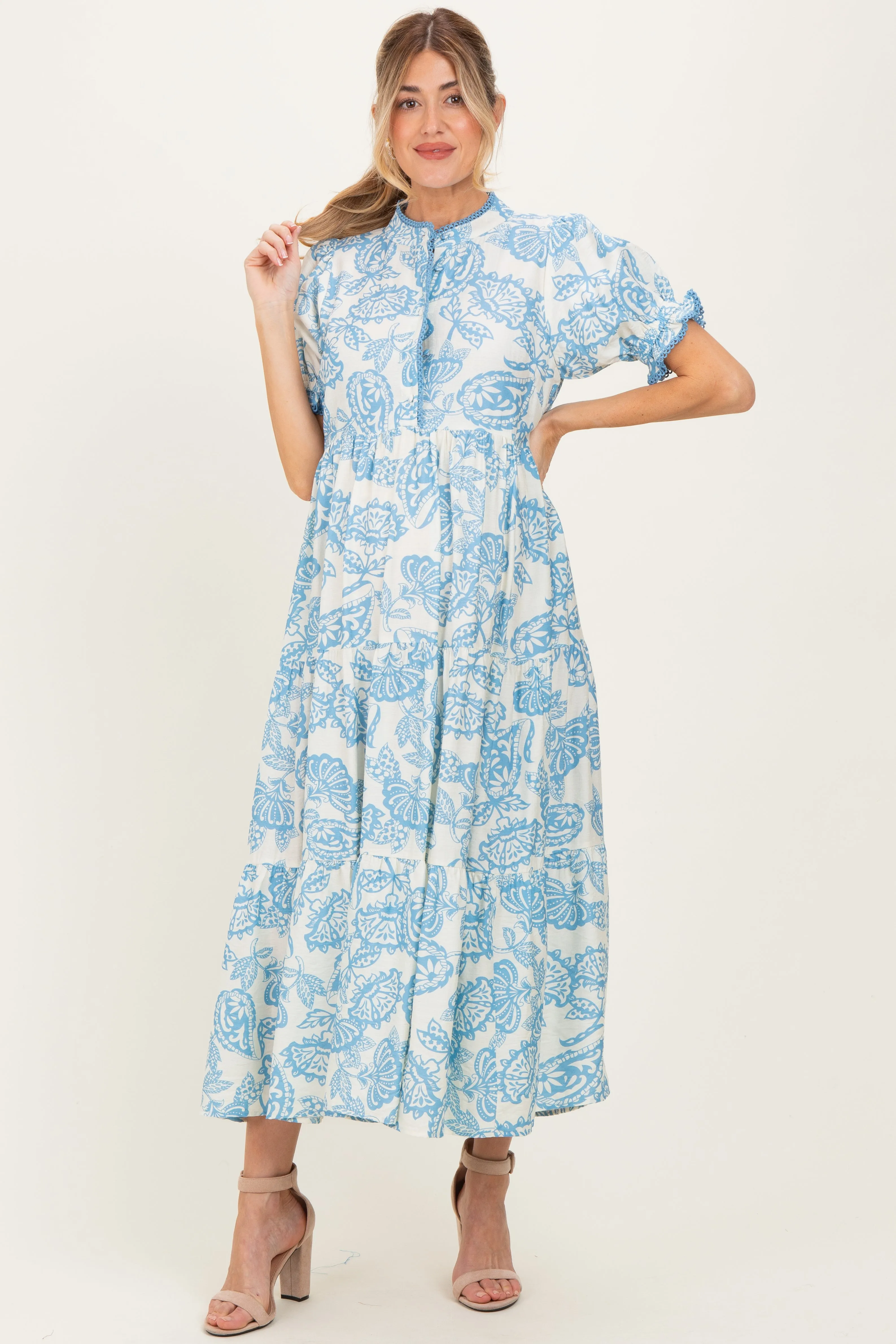 Light Blue Paisley Print Tiered Maternity Midi Dress sold by Pinkblush product image thumbnail 2