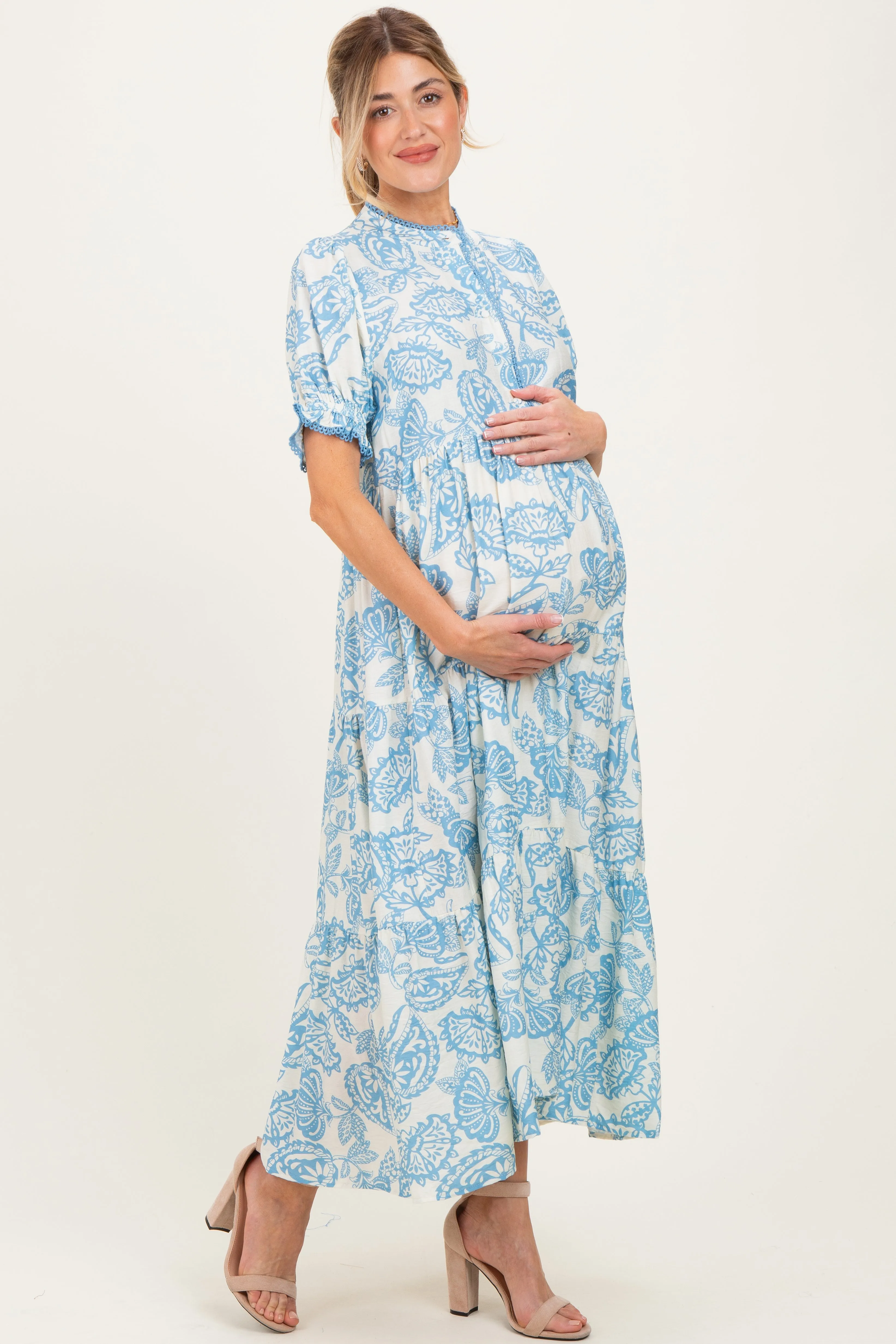 Light Blue Paisley Print Tiered Maternity Midi Dress sold by Pinkblush product image thumbnail 3
