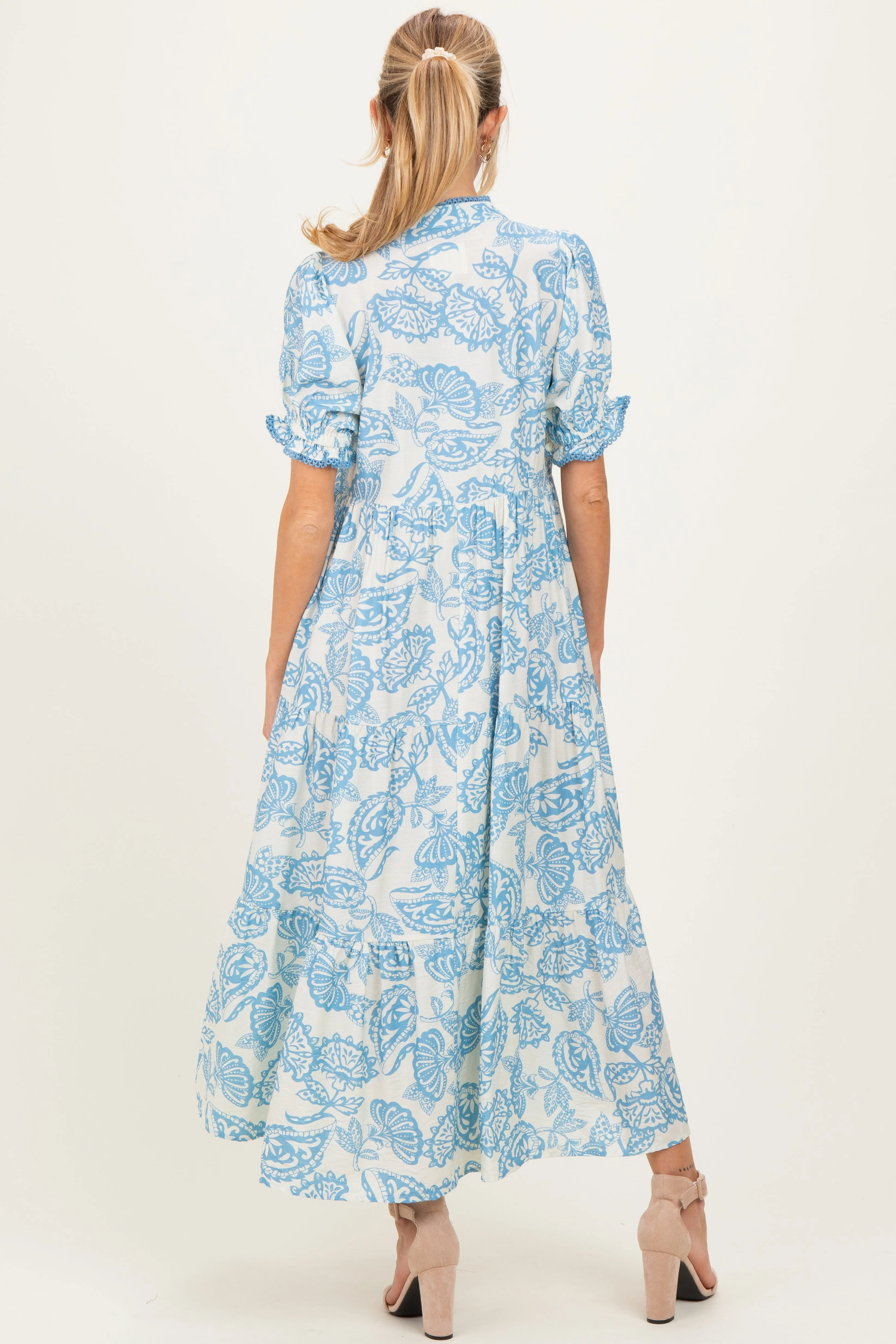 Light Blue Paisley Print Tiered Maternity Midi Dress sold by Pinkblush product image thumbnail 4