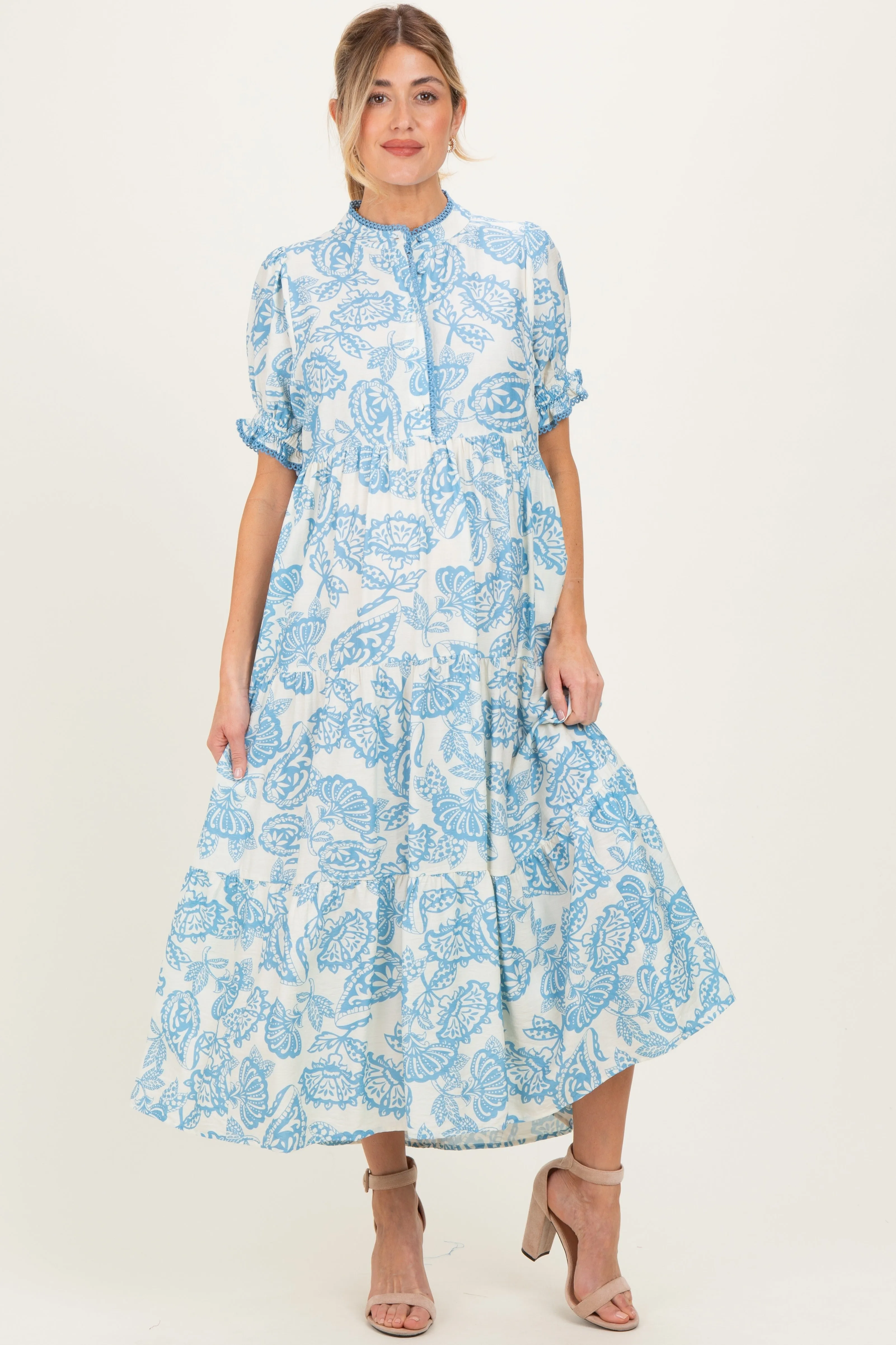 Light Blue Paisley Print Tiered Maternity Midi Dress sold by Pinkblush